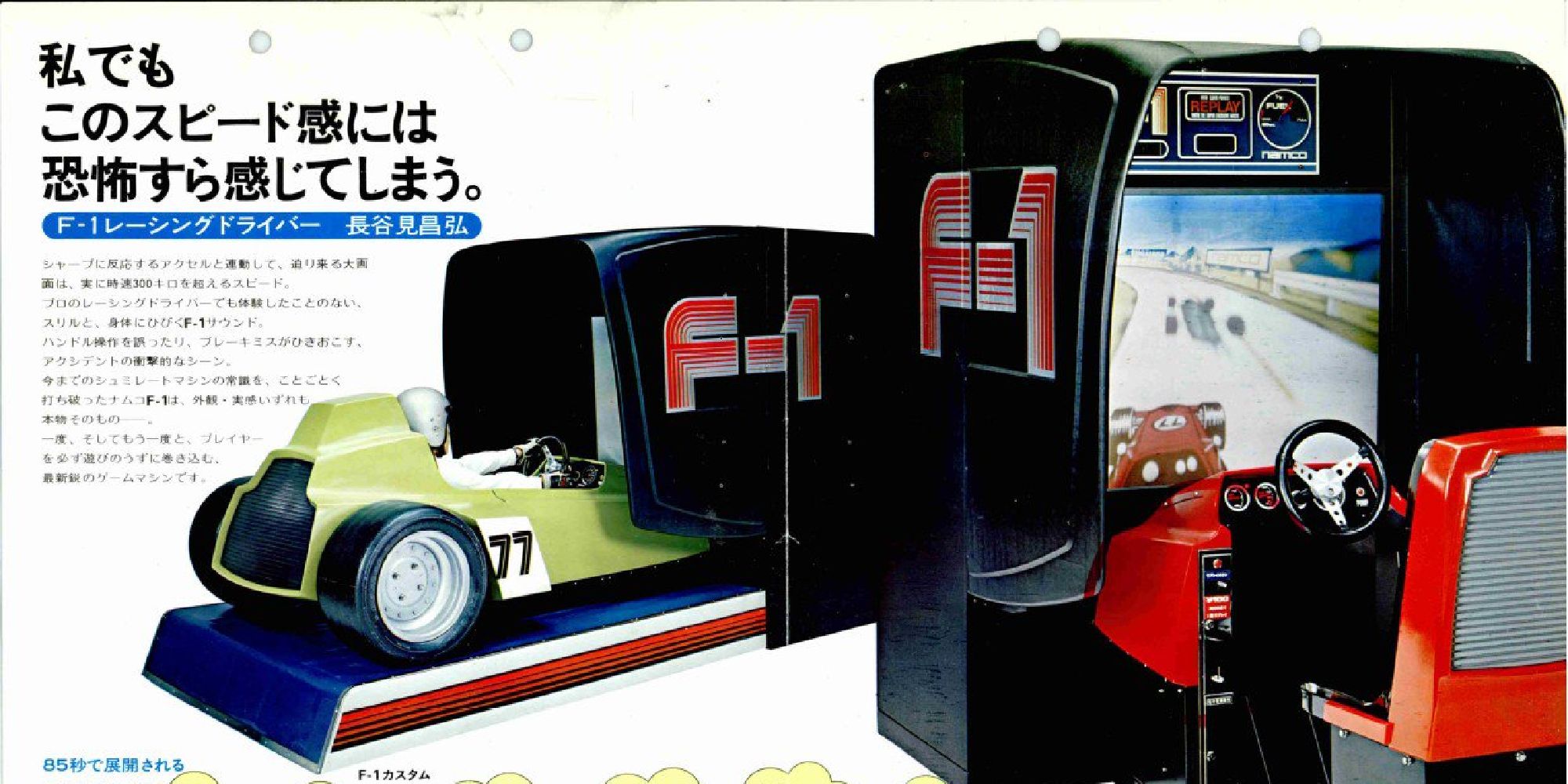 An advertisement for Namco's 1976 arcade game F-1, showing its full-color 3D gameplay