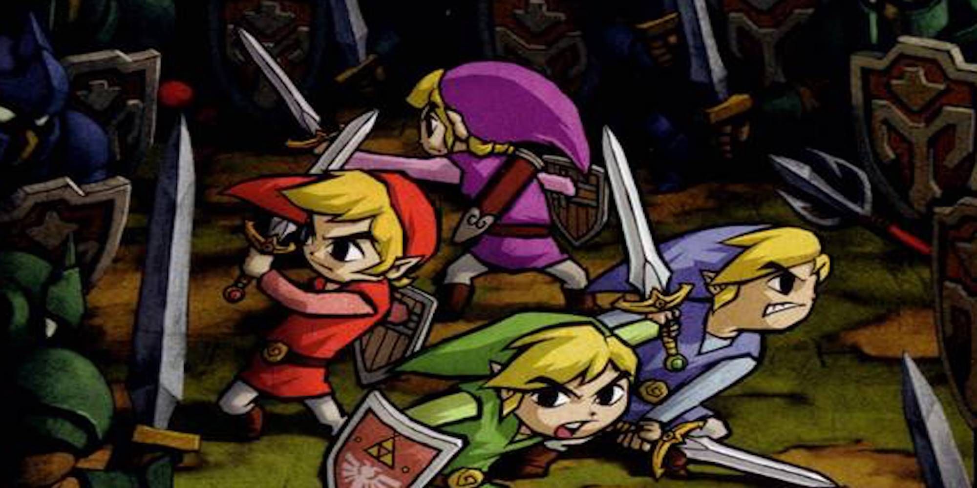 4 lookalike boys in red green purple and blue outfits