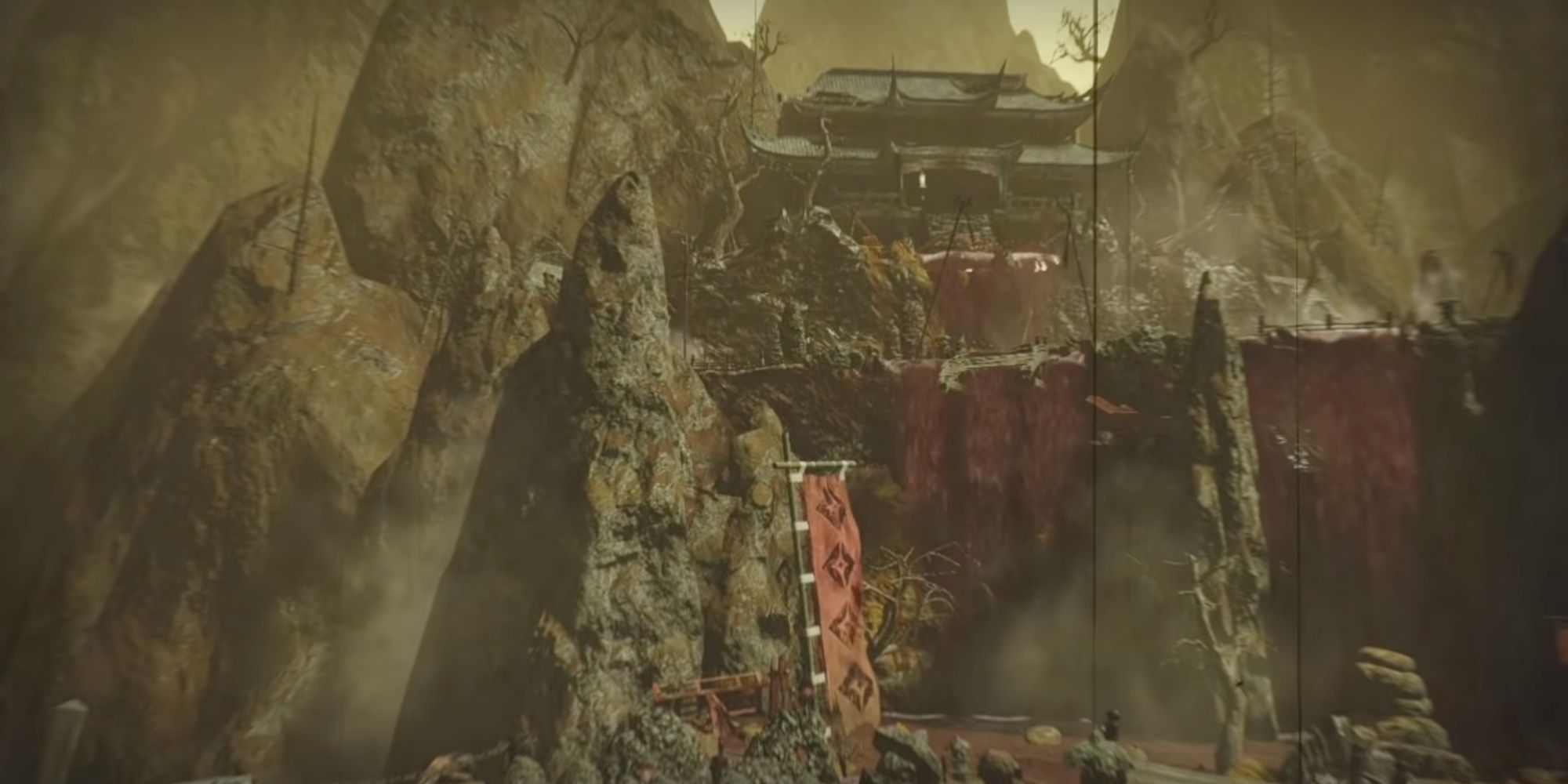 The Infernal Springs in Monster Hunter Rise, looking grey and destroyed