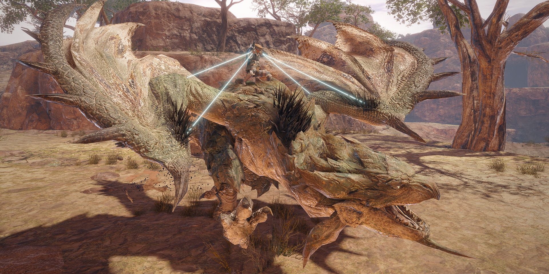 A screenshot showing a player riding a monster in Monster Hunter Rise