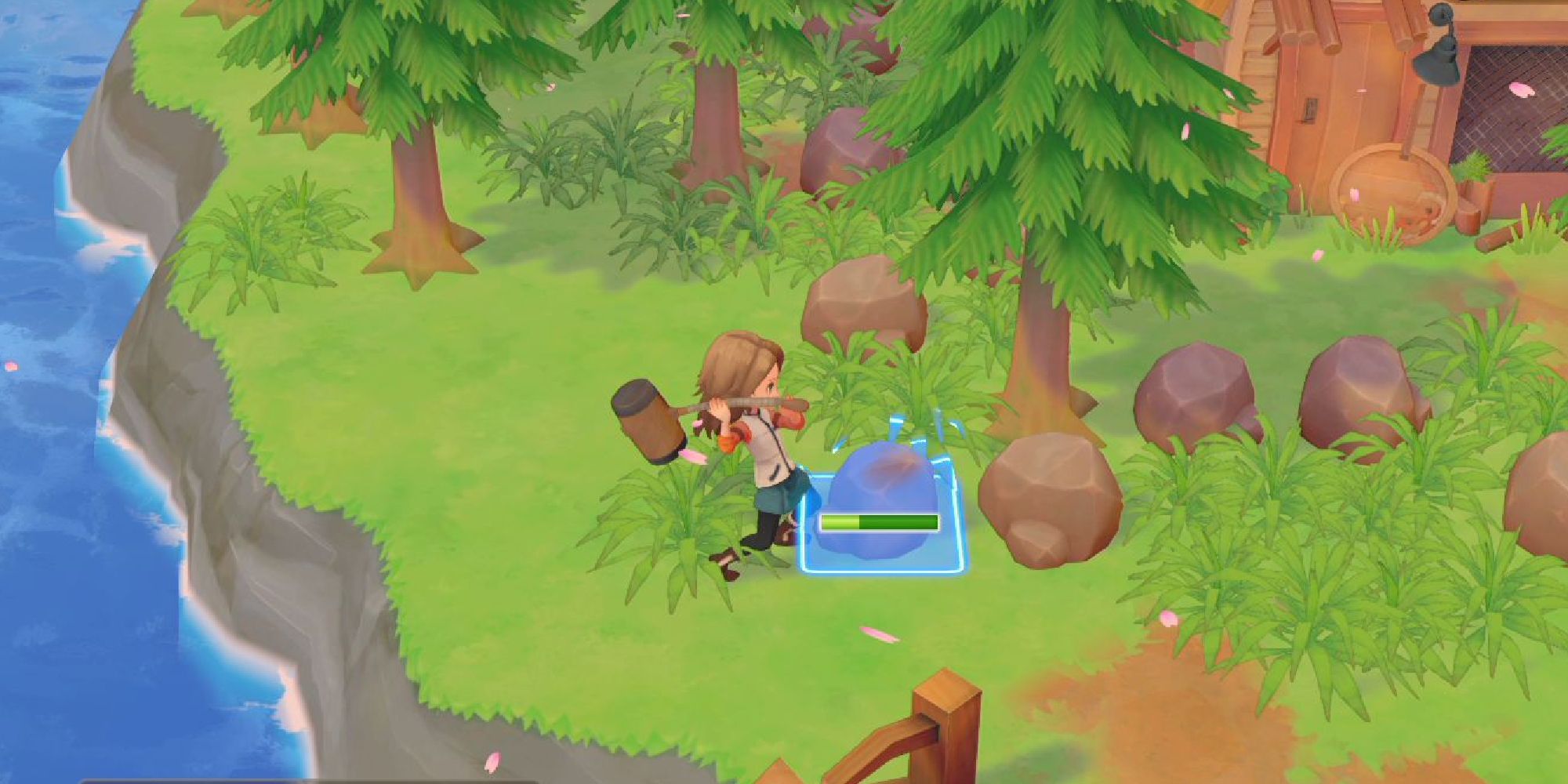 A farmer smashes a rock on their farm in Story Of Seasons: Pioneers Of Olive Town