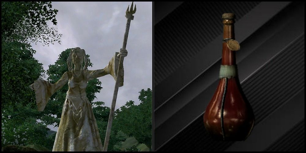 Split image with statue of Vaermina to the left and Vaermina's Torpor to the right