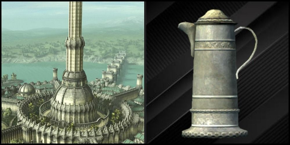 Split image with the actual White-Gold Tower to the left and the White-Gold Tower drink to the right