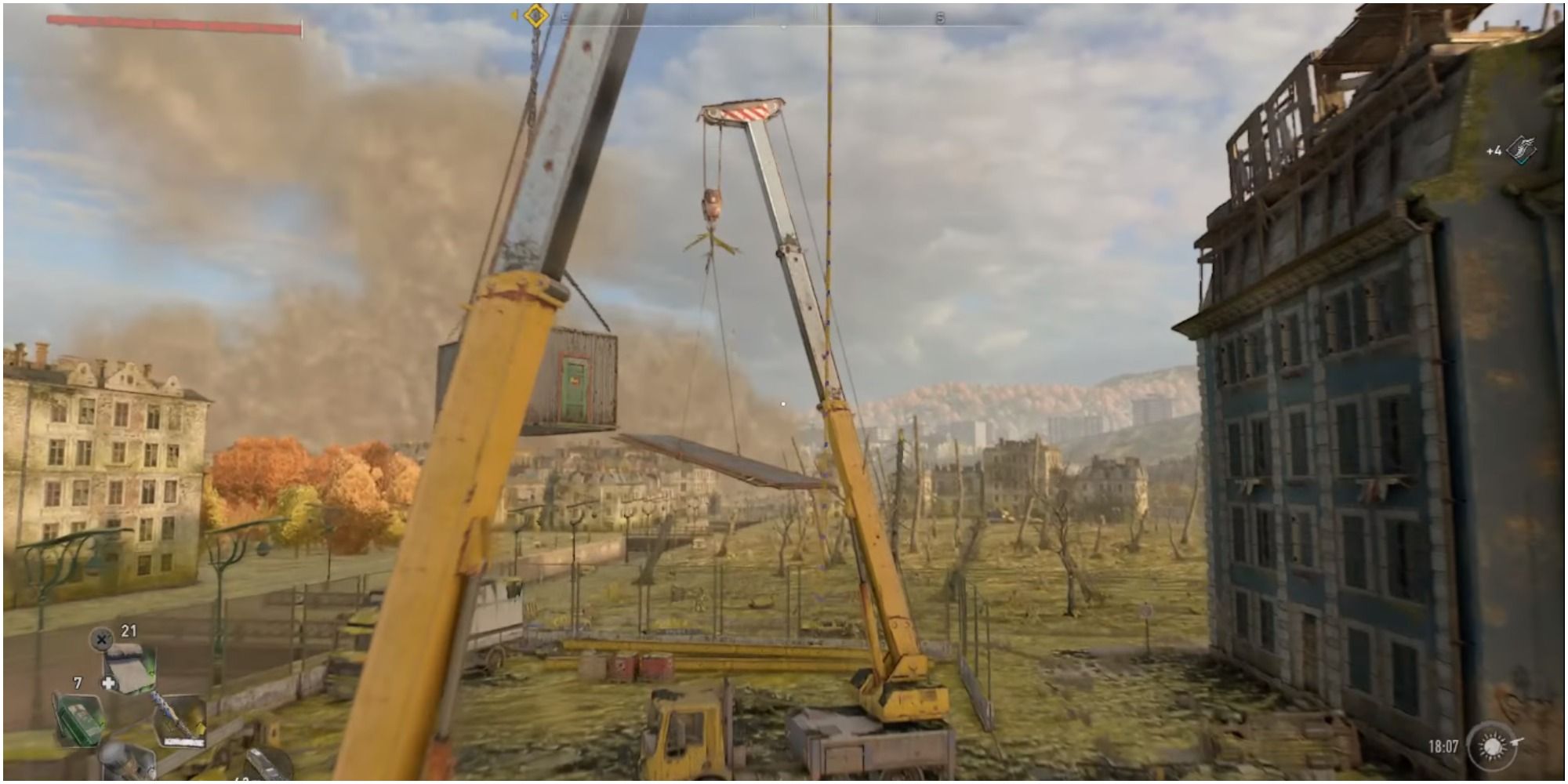 Aiden jumping towards the crane to reach the door in the distance.