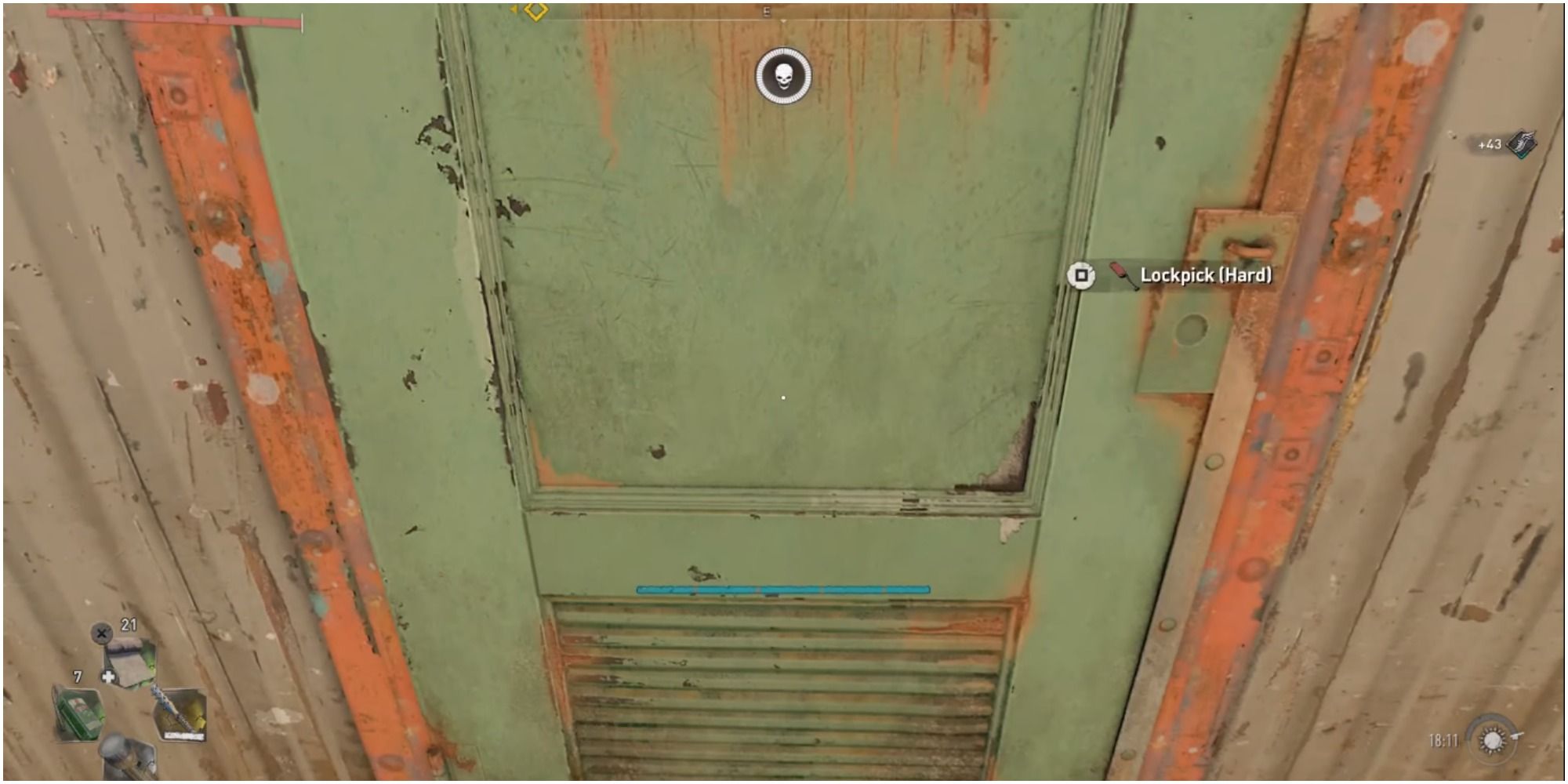 Aiden trying to lockpick the door leading to an item.