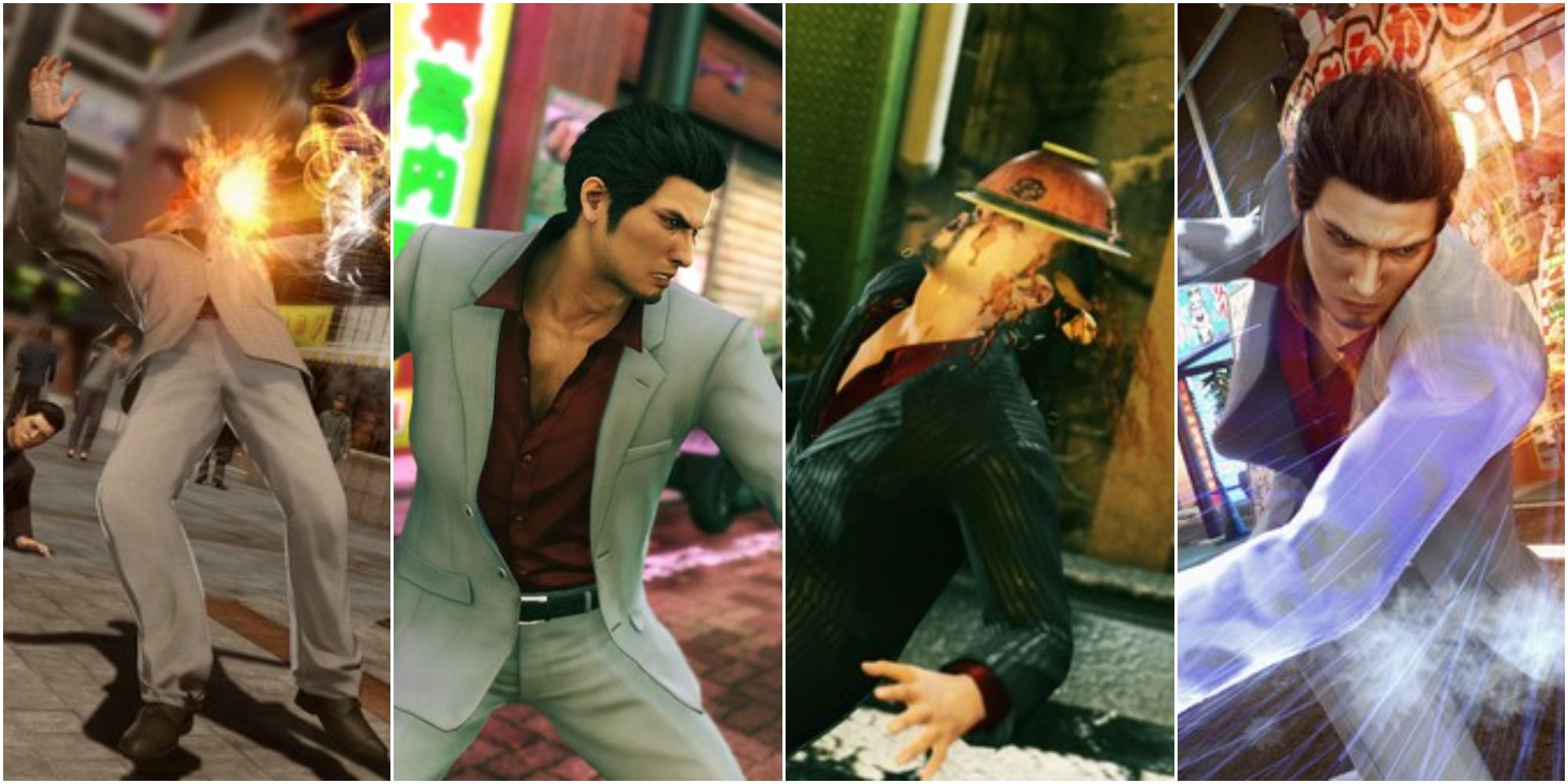 Split image of a thug being hit, Kiryu concentrating, a thug with a bowl on their face, and Kiryu punching someone