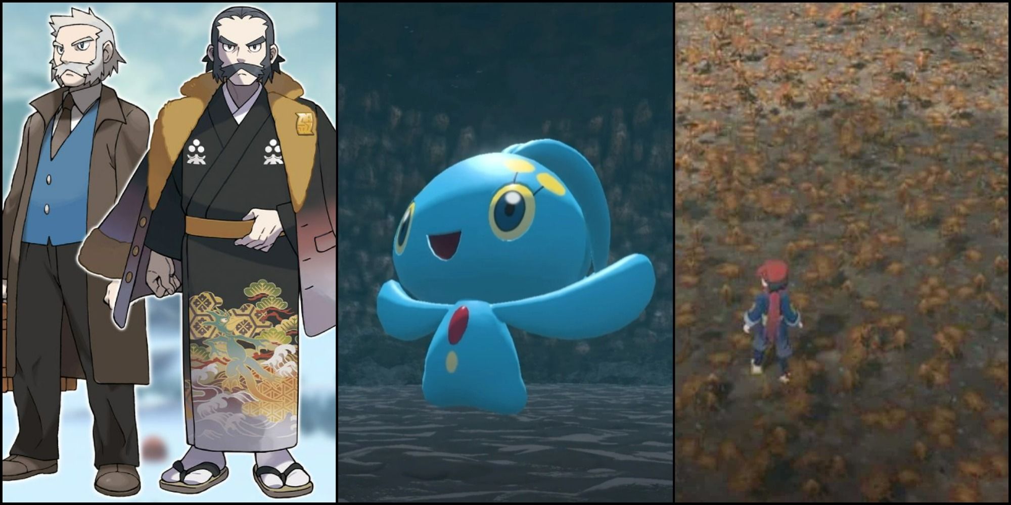 A split image for Pokemon Legends Arceus with Rowan and Kamado to the left, Manaphy in the middle and Floaro Gardens to the right