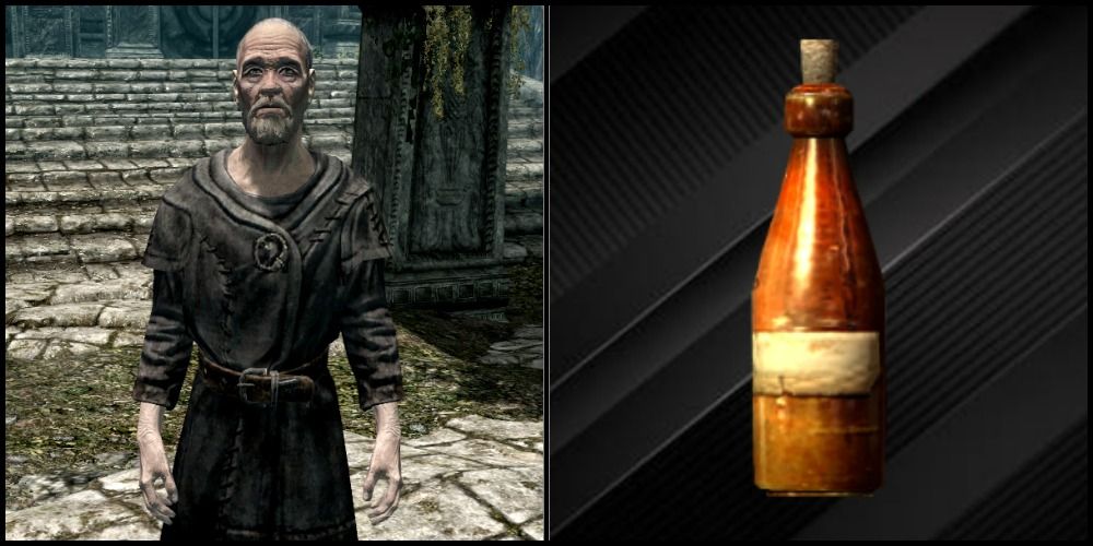 Split image with Esbern to the left and Esbern's Potion to the right