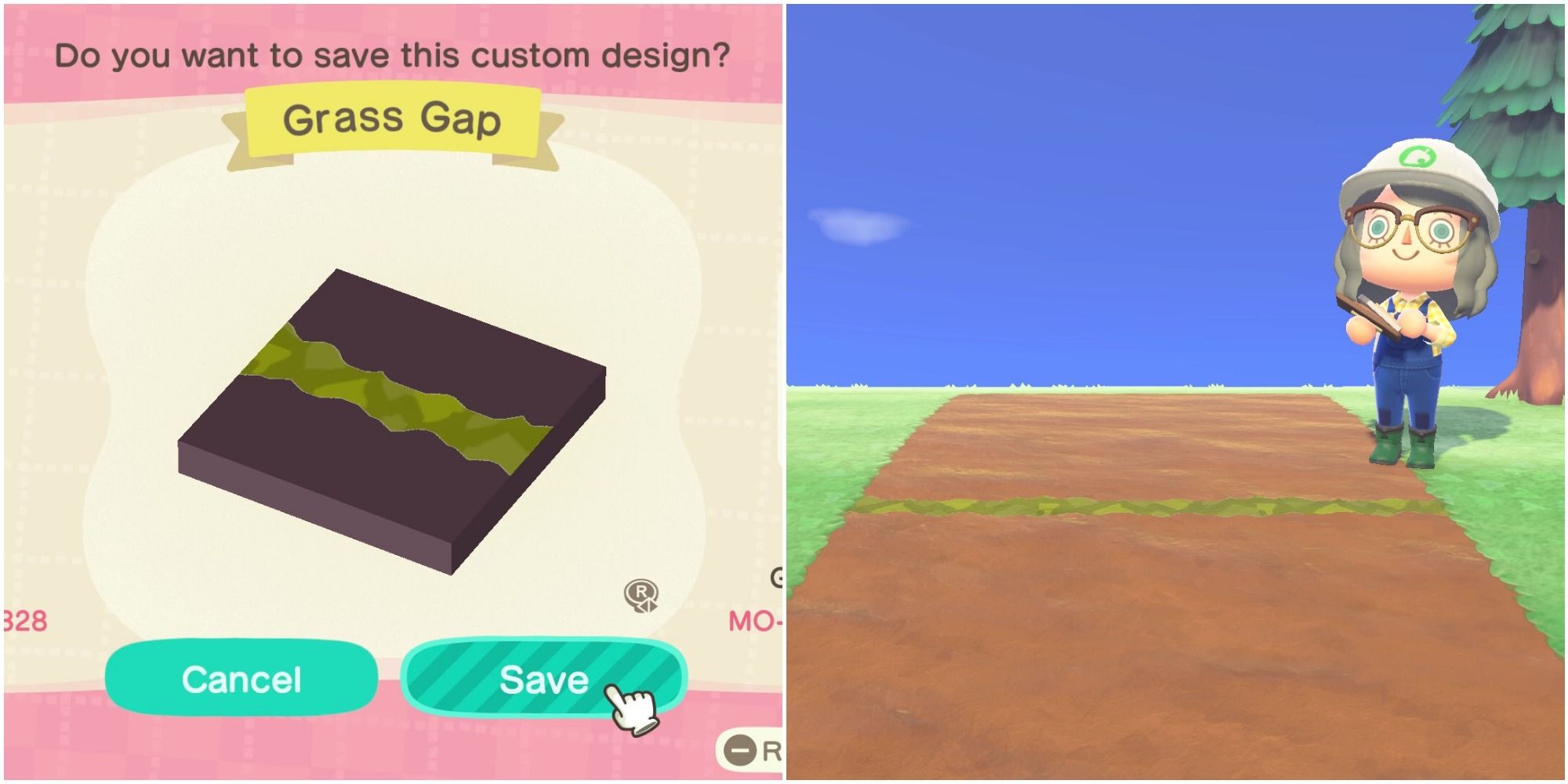 A split image from left to right: a grass gap custom design pattern, and a player with construction hat holding a path palette beside the grass gap path