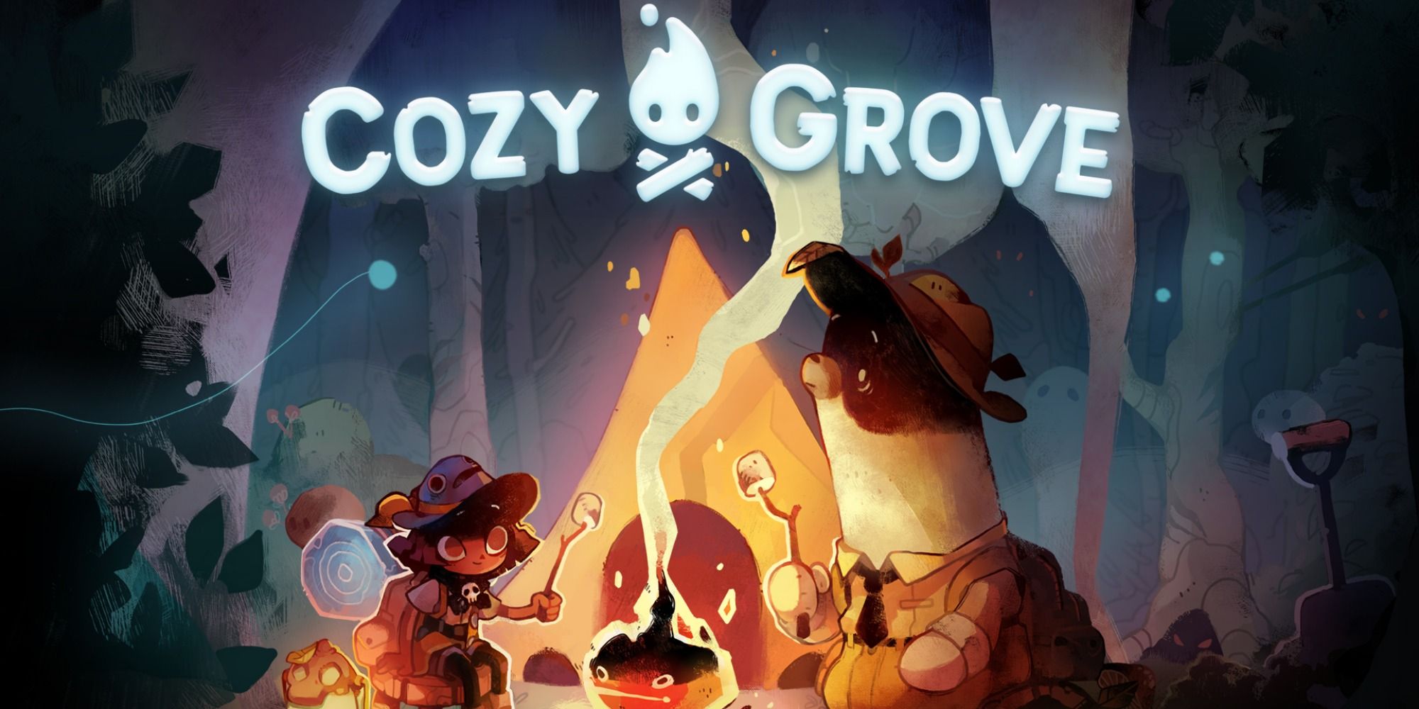Cozy Grove title art with a player and bear roasting marshmallows over a campfire