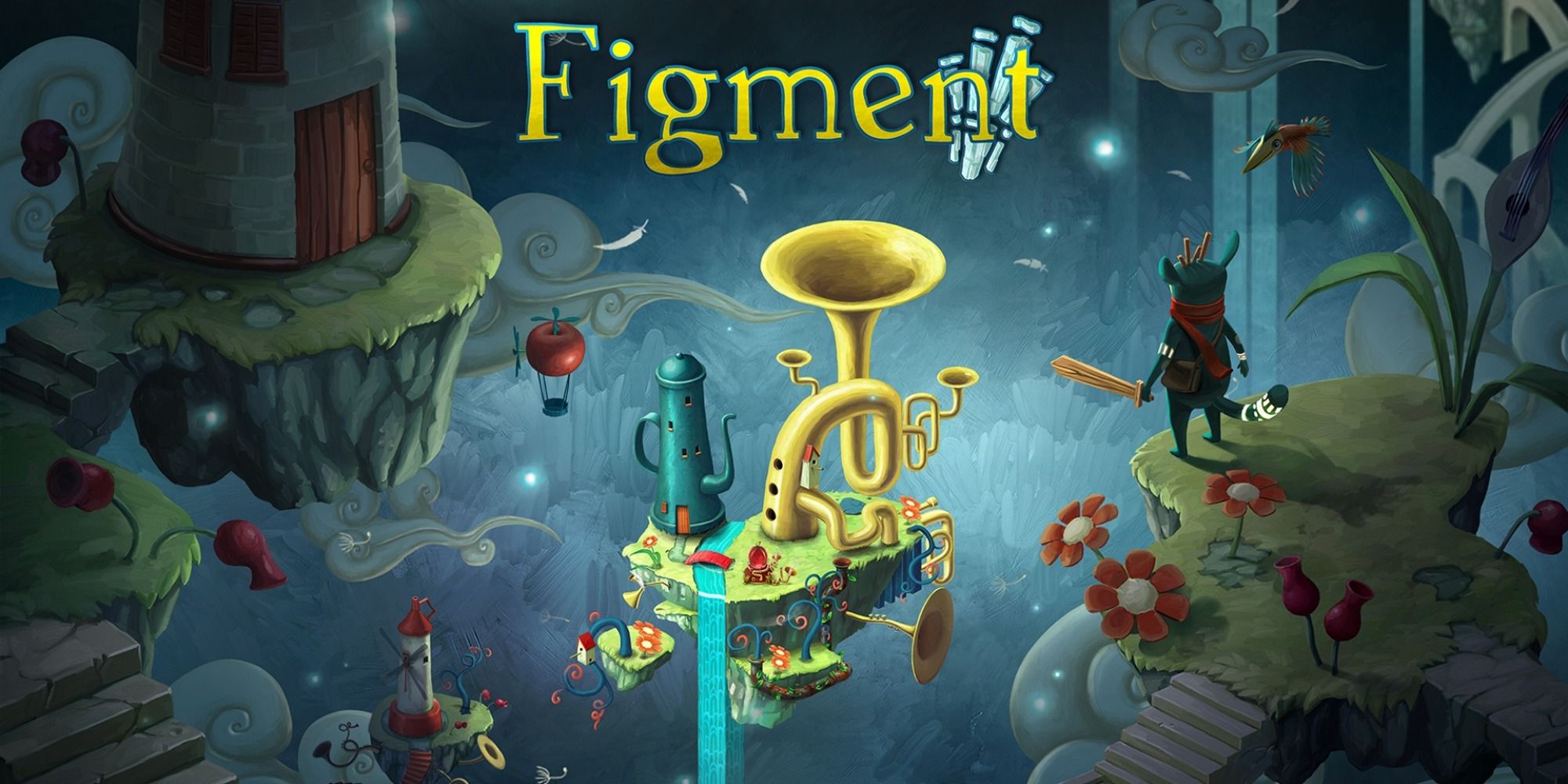 Figment title art showing a furry creature looking down on a twisted dark landscape