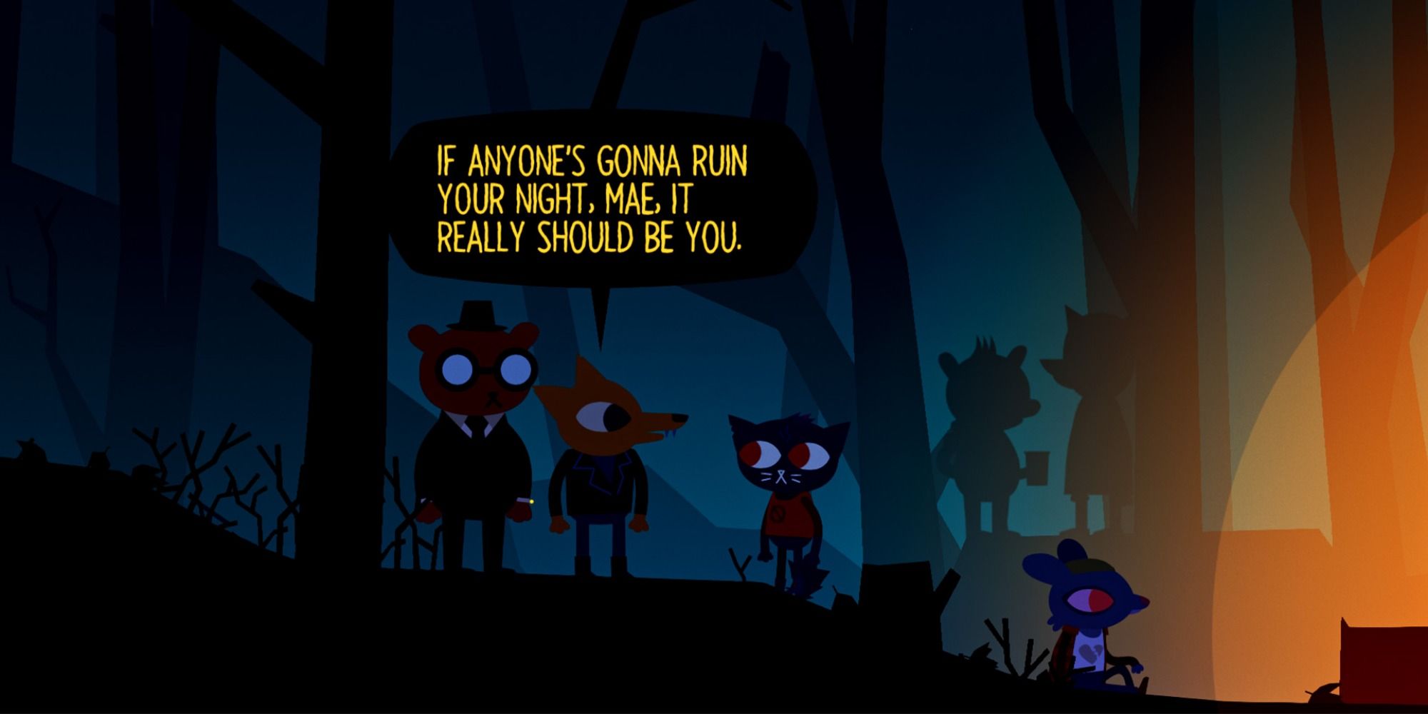 Mae, Gregg, and Angus stand in a dark forest just outside a party