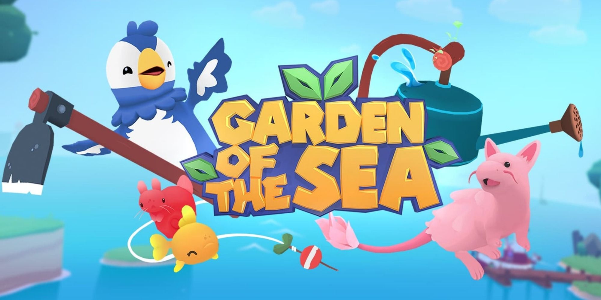 Garden of the sea title art with a penguin, fish, and pink rat standing beside gardening tools