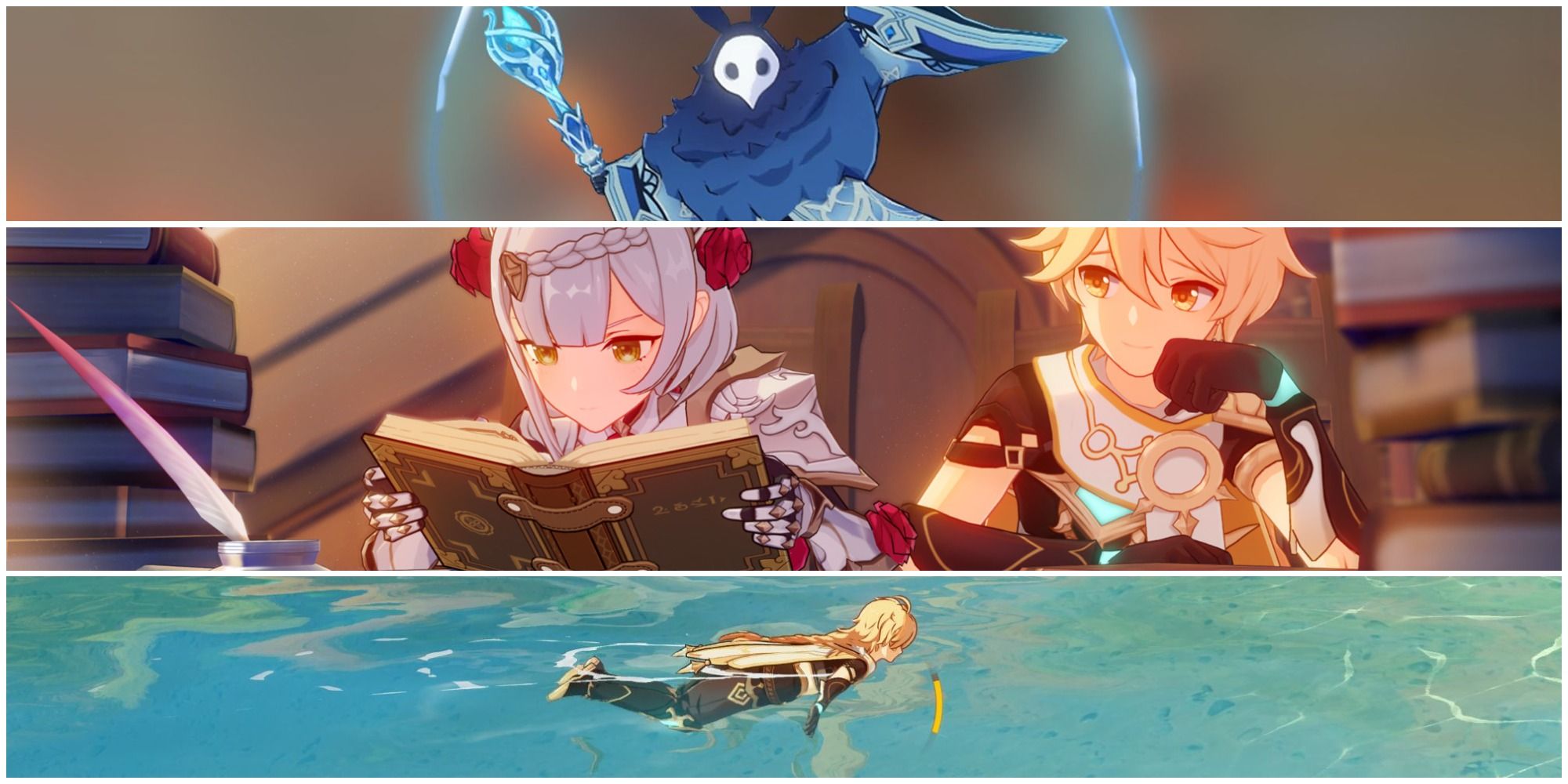 Genshin Impact split image an Abyss Mage, Noelle and the Traveler studying, and the Traveler swimming.