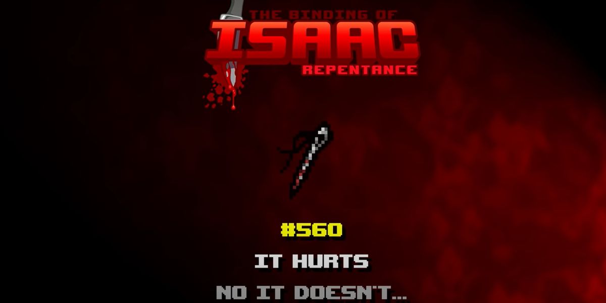 A bloodied sewing needle. The It Hurts item, from The Binding of Isaac: Repentance