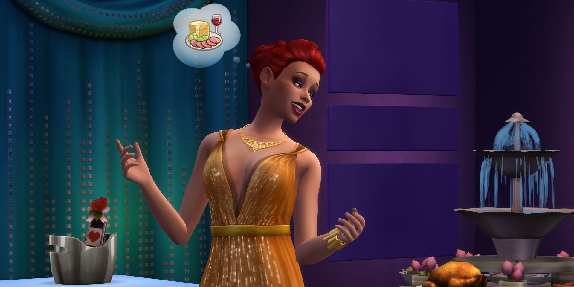 A Sim wears a sparkly golden dress, and eyes the display of decadent food to their left.