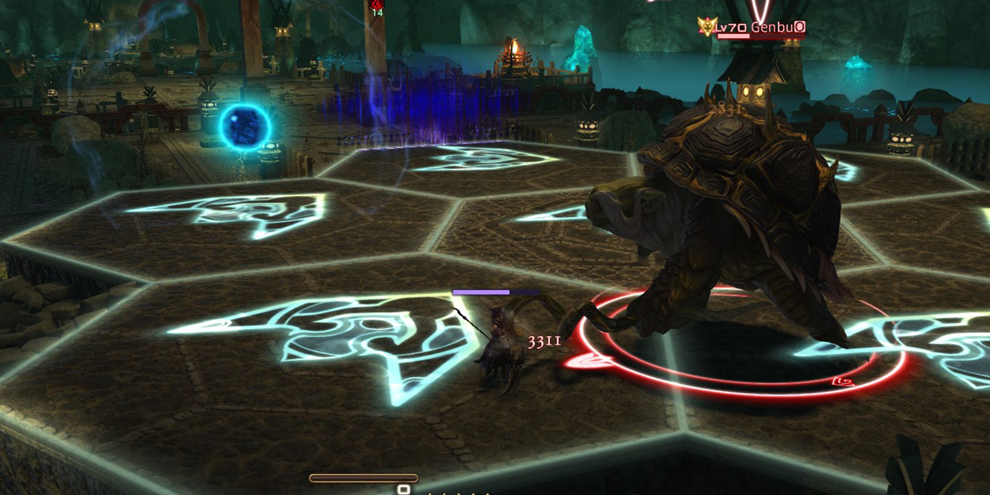 genbu casting sinister tide to create a water orb that moves around the arena along a path of arrows