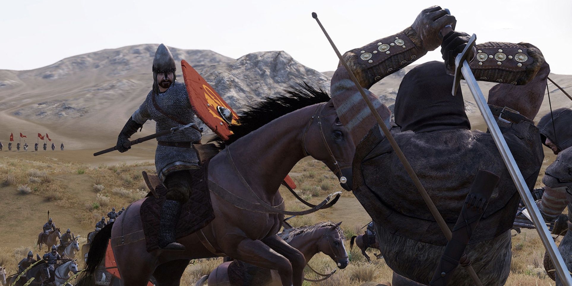 warrior on horseback fighting a swordsman in mount and blade 2 bannerlord