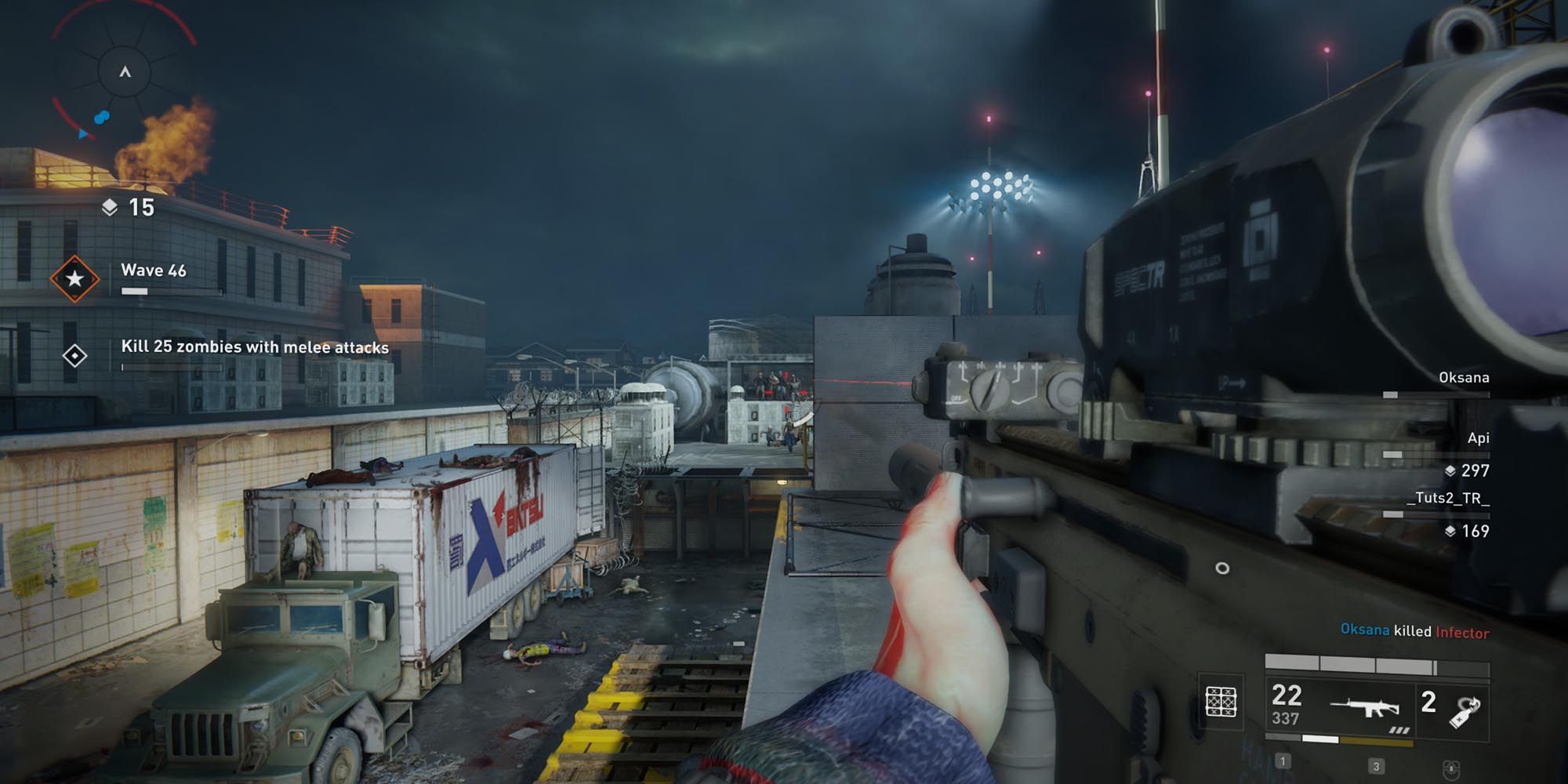 A survivor is mowing down infected at a choke point