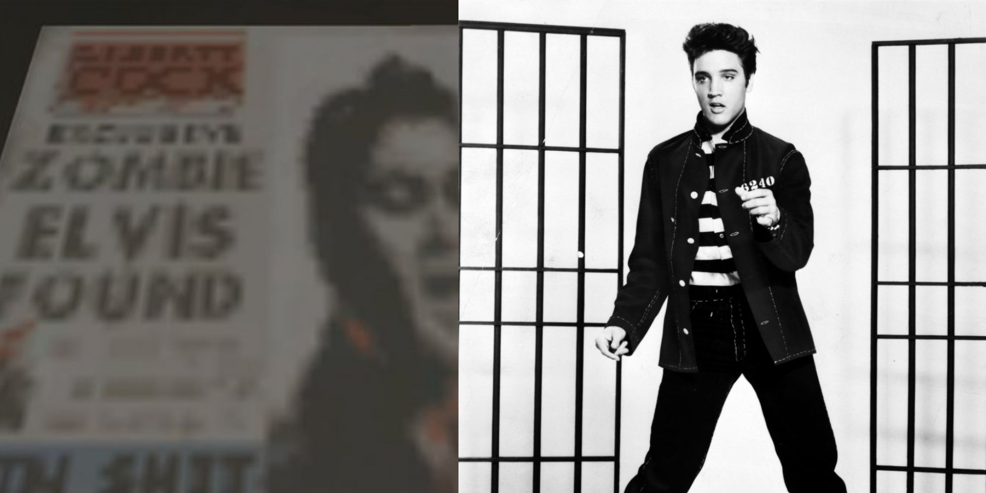 A collage of Grand Theft Auto 3's "Zombie Elvis Found!" headline with a photo of Elvis Presley