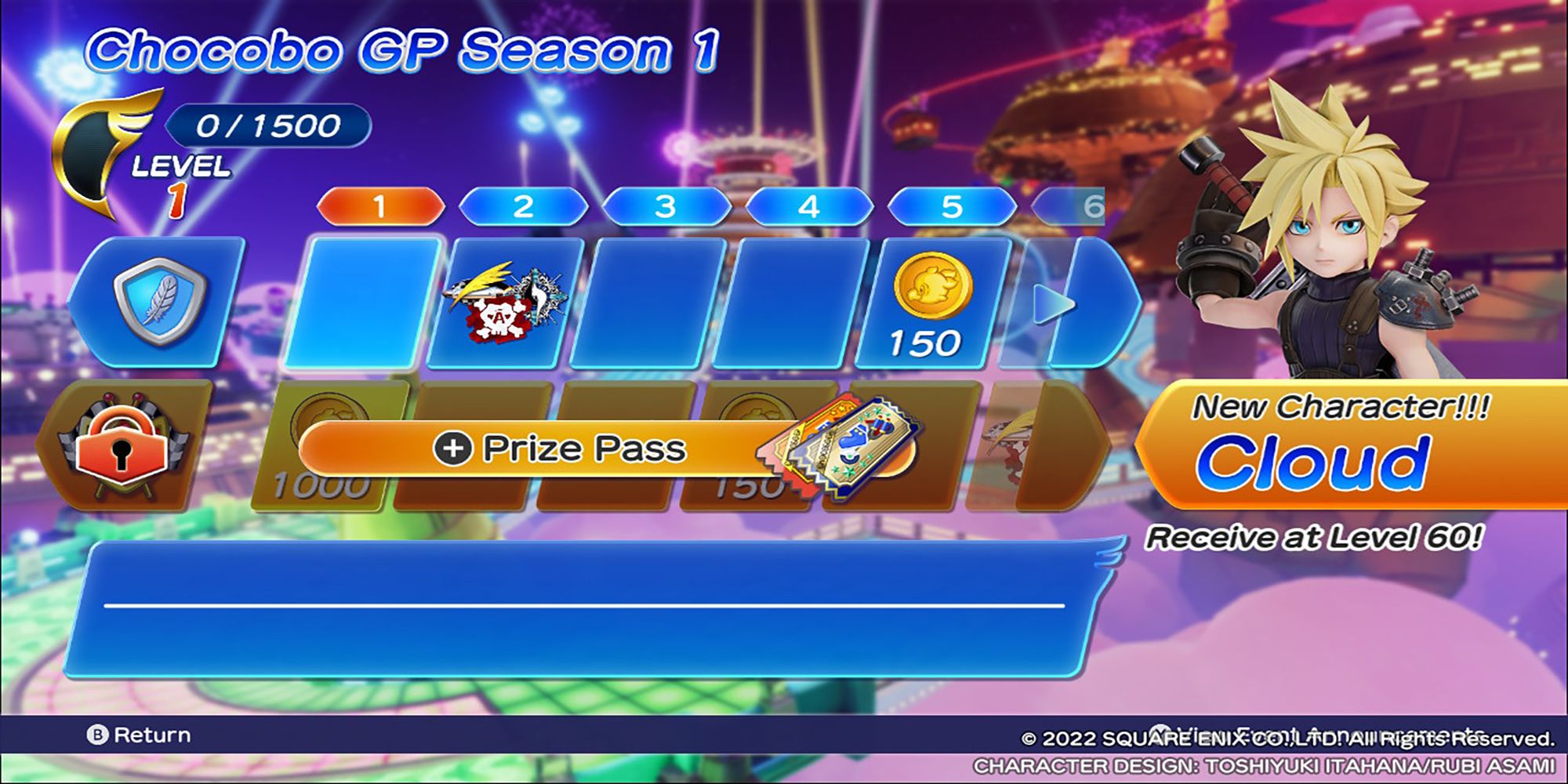 A diagram displays the various rewards one can win as they raise their level in Chocobo GP.