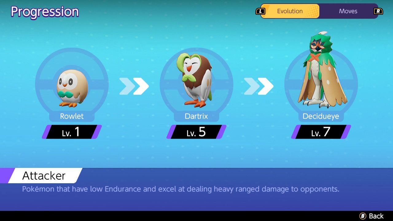 Screen showing evolution from Rowlet to Dartrix to Decidueye in Pokemon Unite
