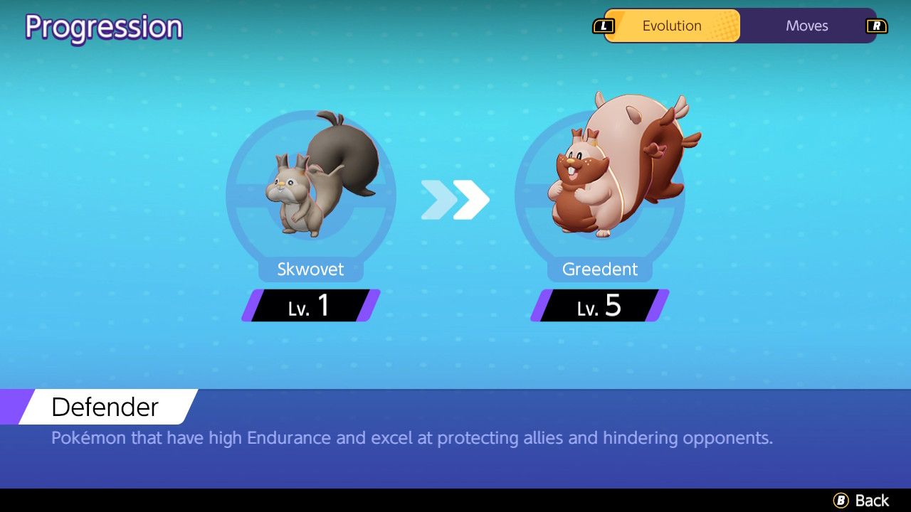 Screen showing Greedent and its evolution from Skwovet in Pokemon Unite