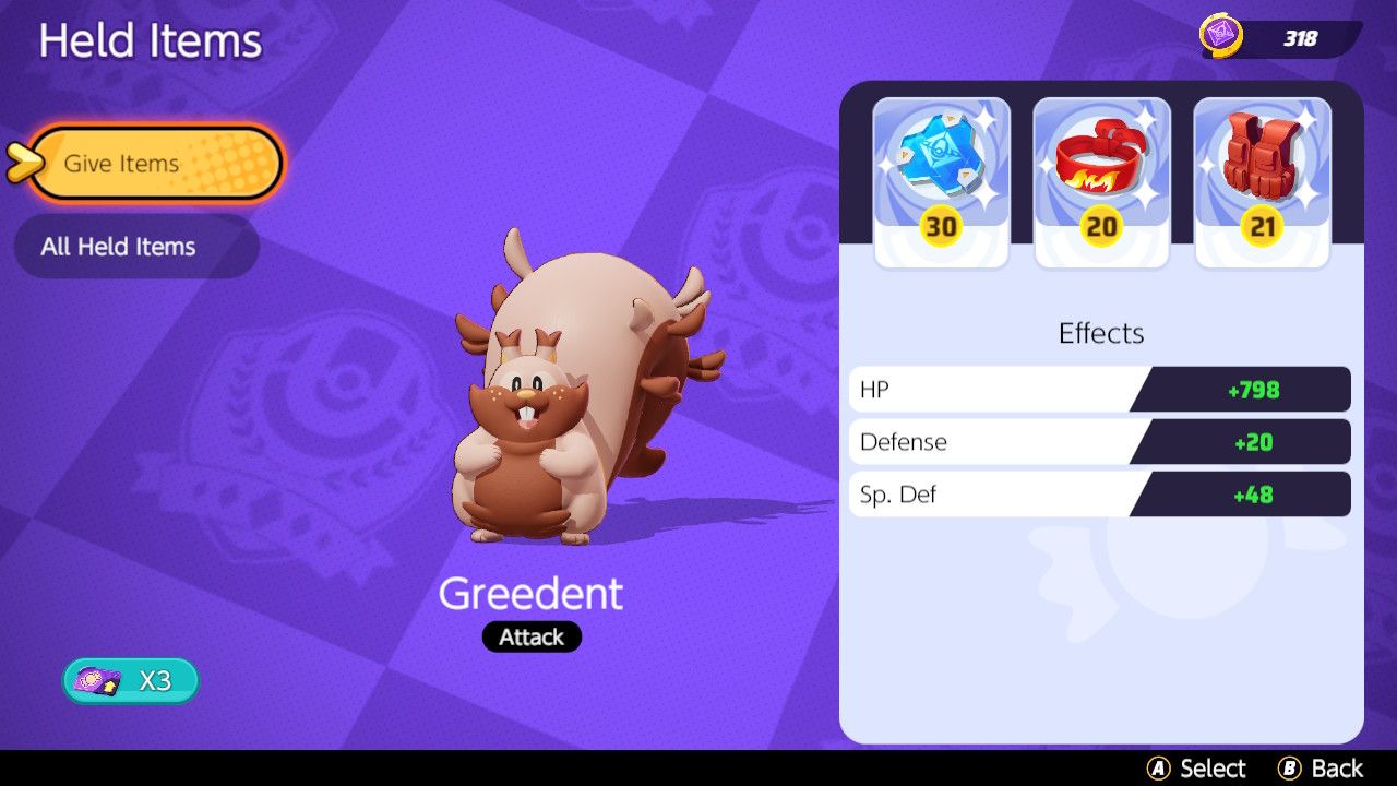 Held Item choices for a Greedent tank build in Pokemon Unite