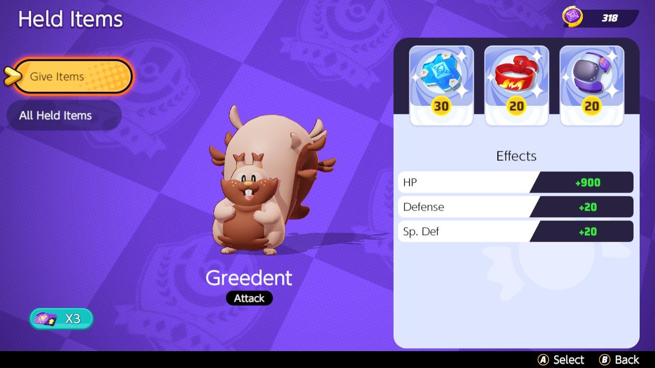 Screen showing Held Item choices for a disruption build in Pokemon Unite