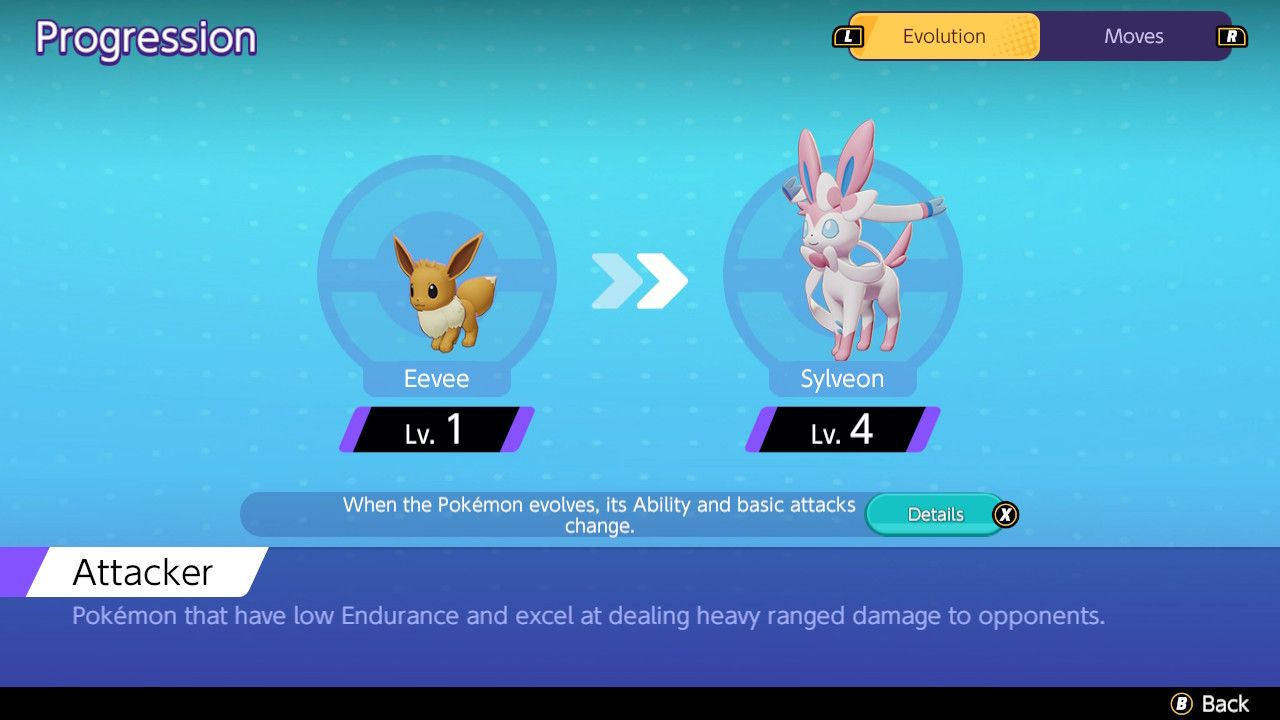 Screen showing Sylveon and its evolution from Eevee in Pokemon Unite