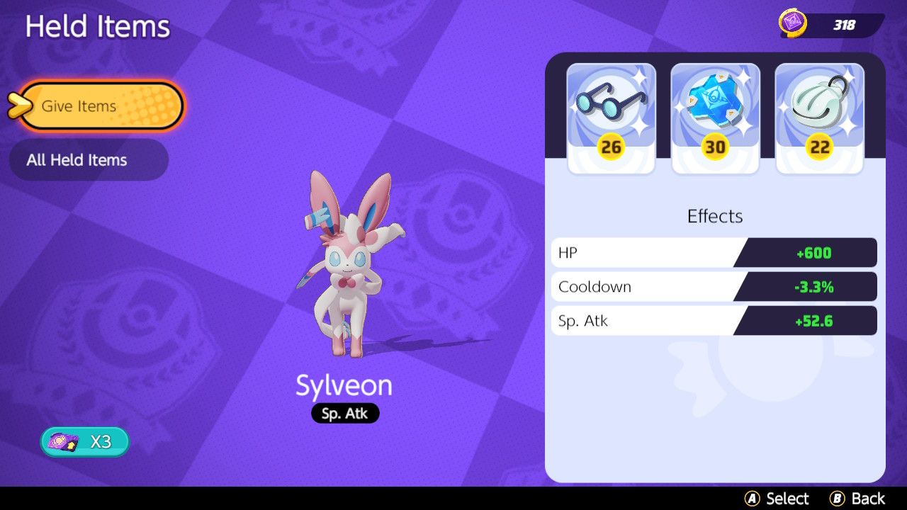 Screen showing Held Item choices for an offensive Sylveon build in Pokemon Unite