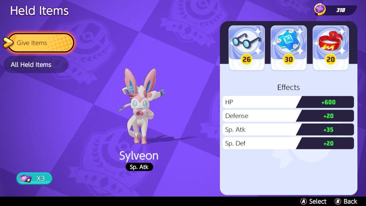 Screen showing Held Item choices for a tanky Sylveon build in Pokemon Unite