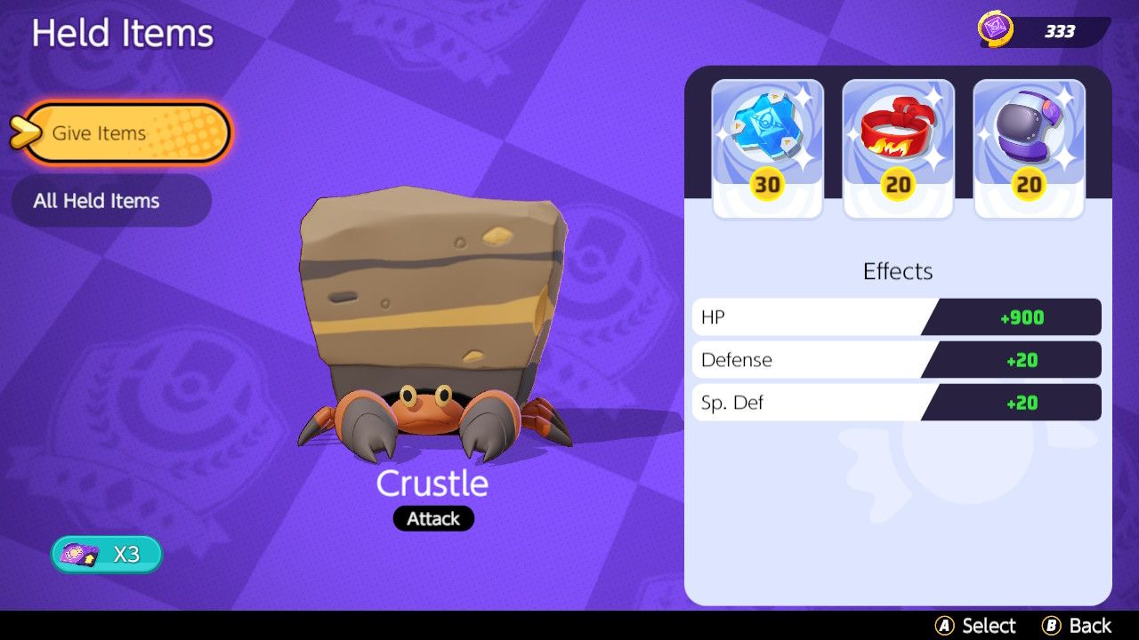 Screen showing Held Item choices for a goalscorer Crustle build in Pokemon Unite