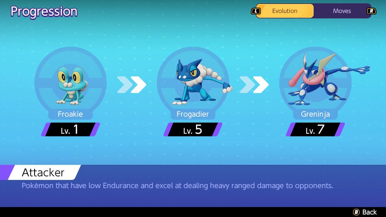 Screen showing Greninja and its evolution path in Pokemon Unite