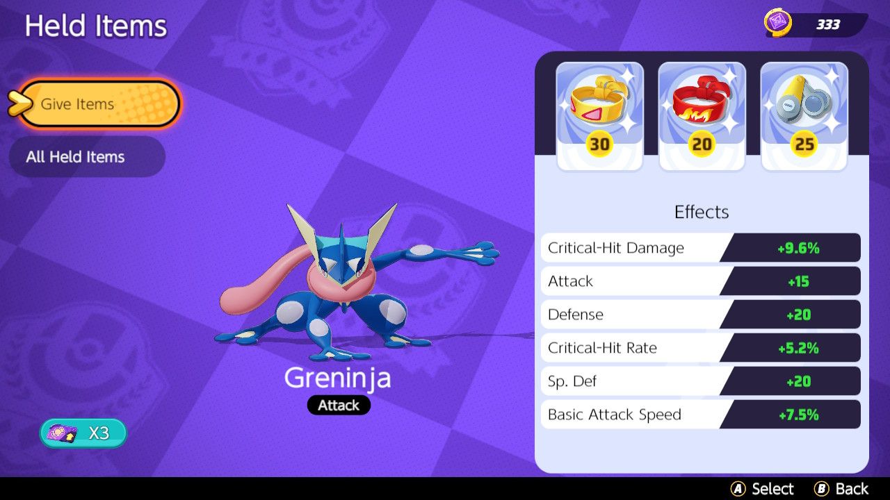  Screen showing Held Item choices for a jungle Greninja build in Pokemon Unite
