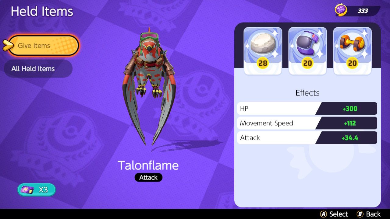 Screen showing Held Item choices for a mobility Talonflame build in Pokemon Unite