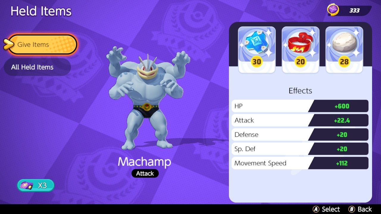 Screen showing Held Item choices for a mobility Machamp build in Pokemon Unite
