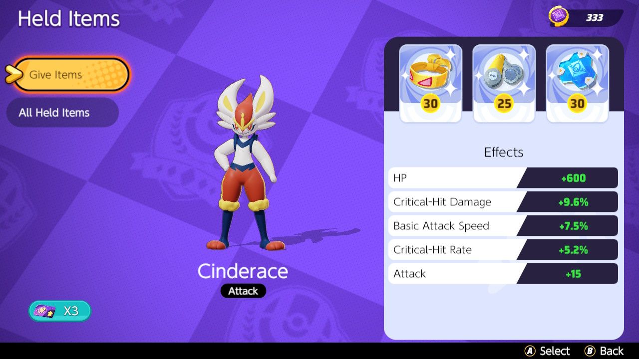 Screen showing Held Item choices for an aggressive Cinderace build in Pokemon Unite.