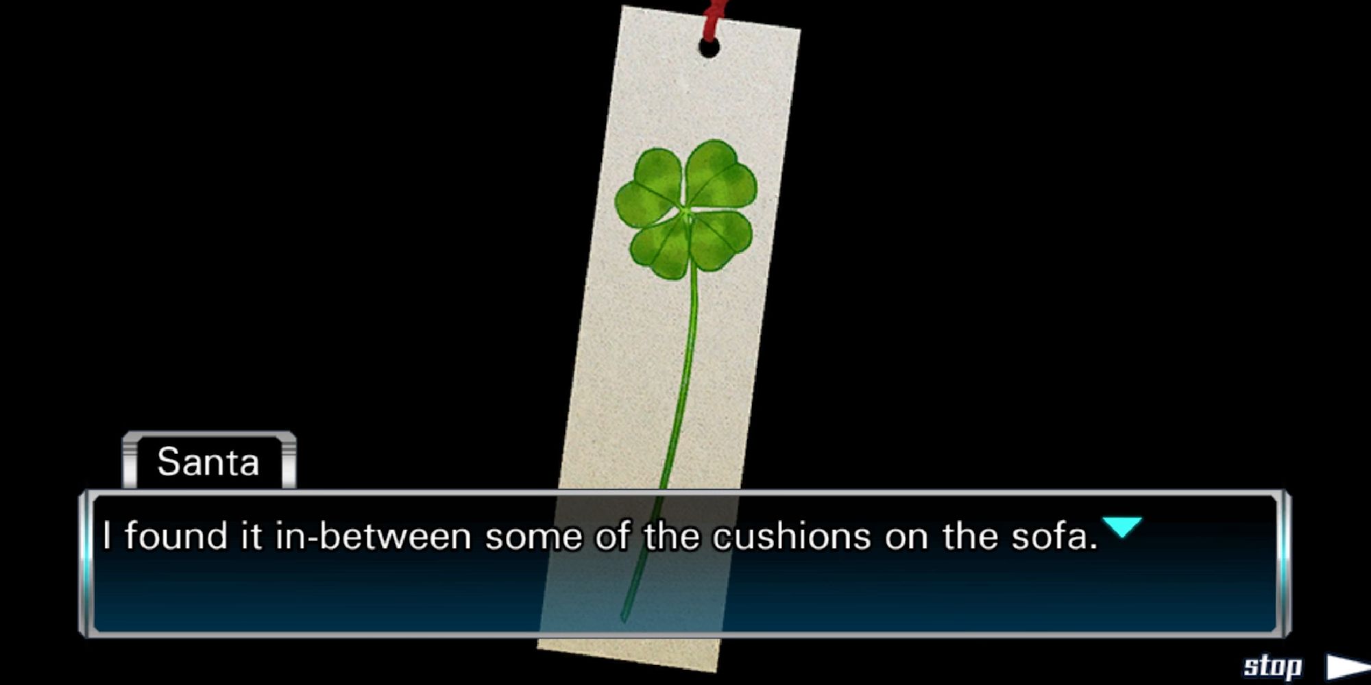 santa telling junpei about a clover bookmark