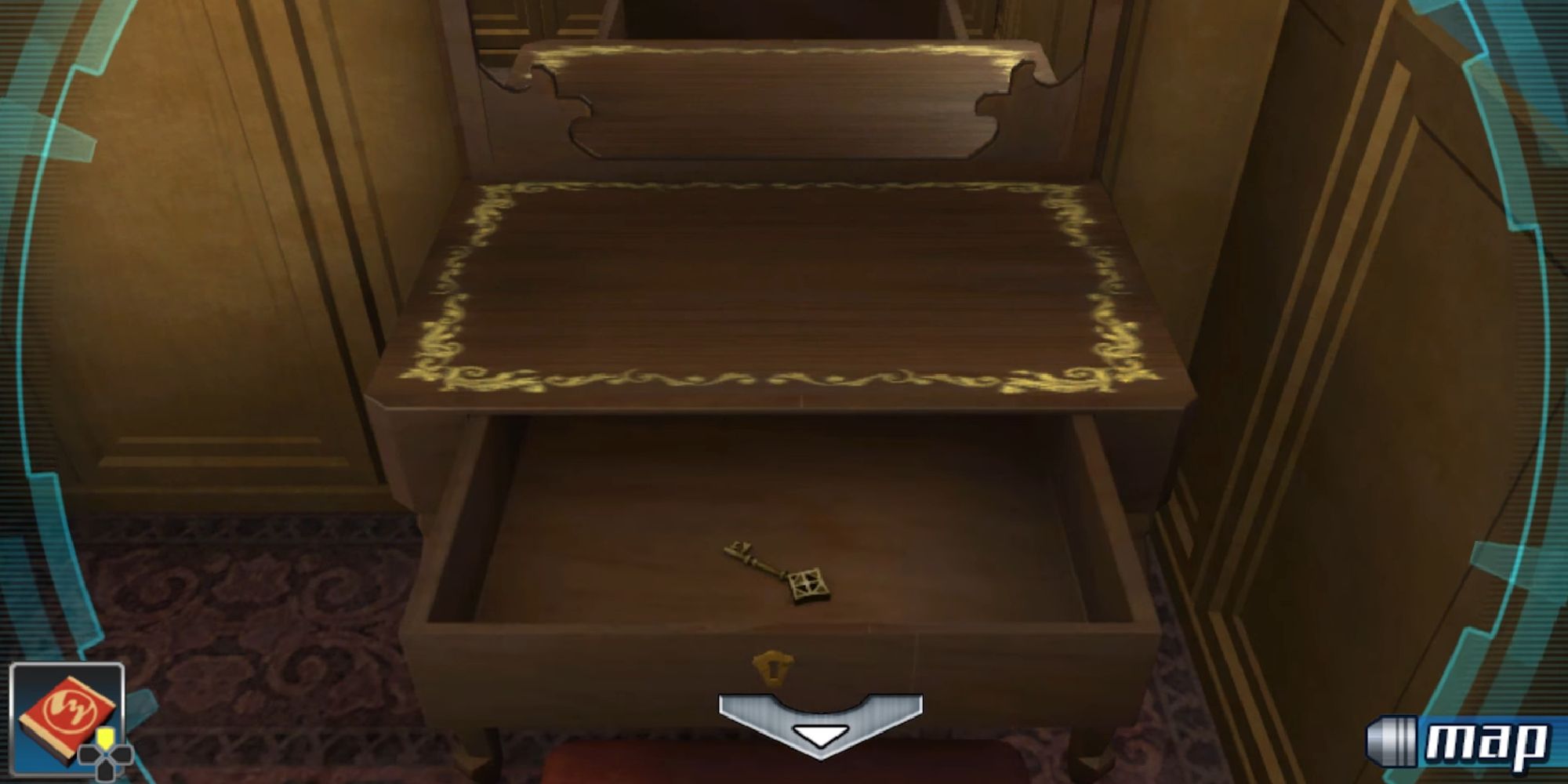 open dresser with mirror holding a key