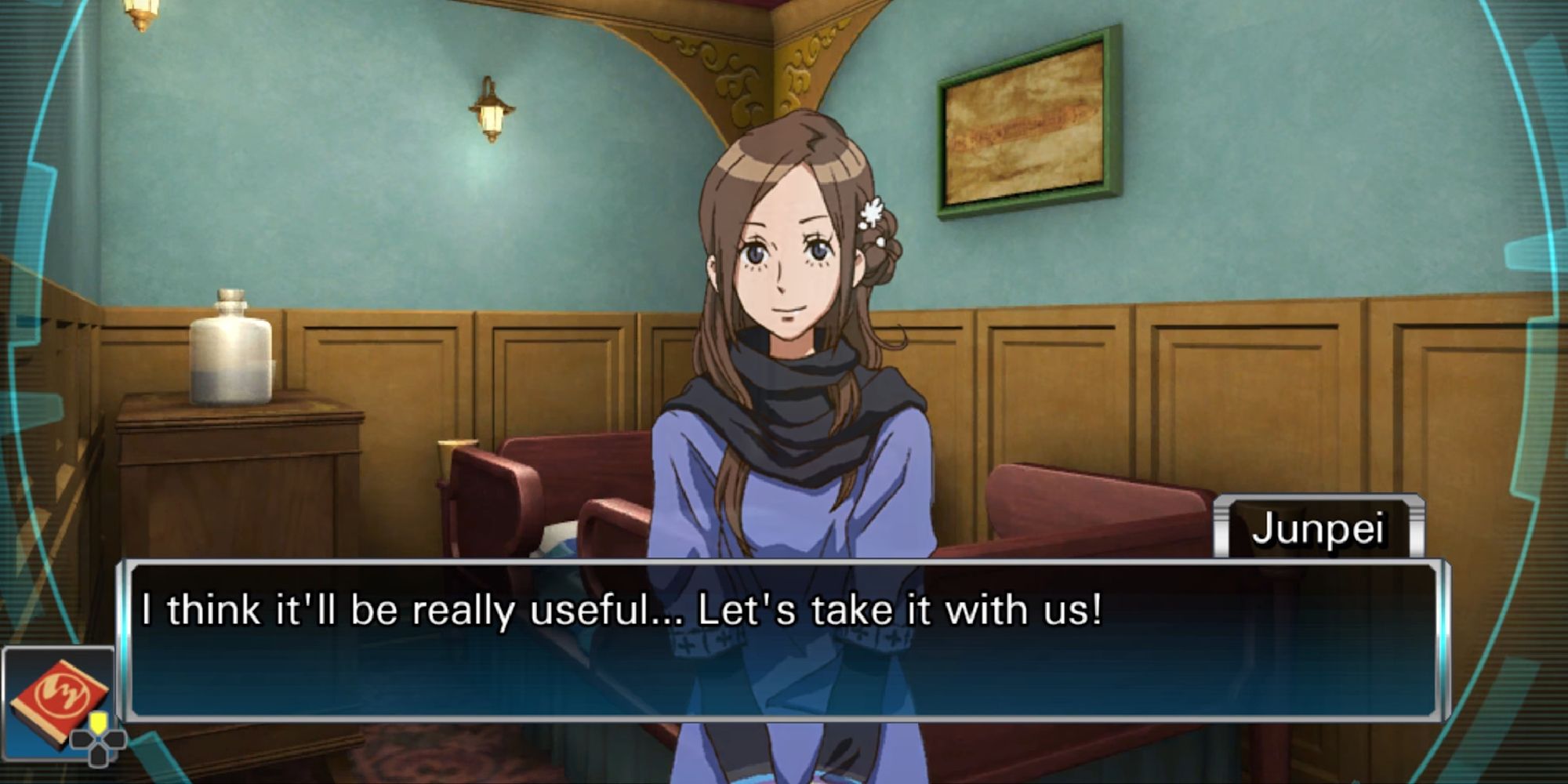 junpei telling june about the ship map found in the bedroom of the cabin