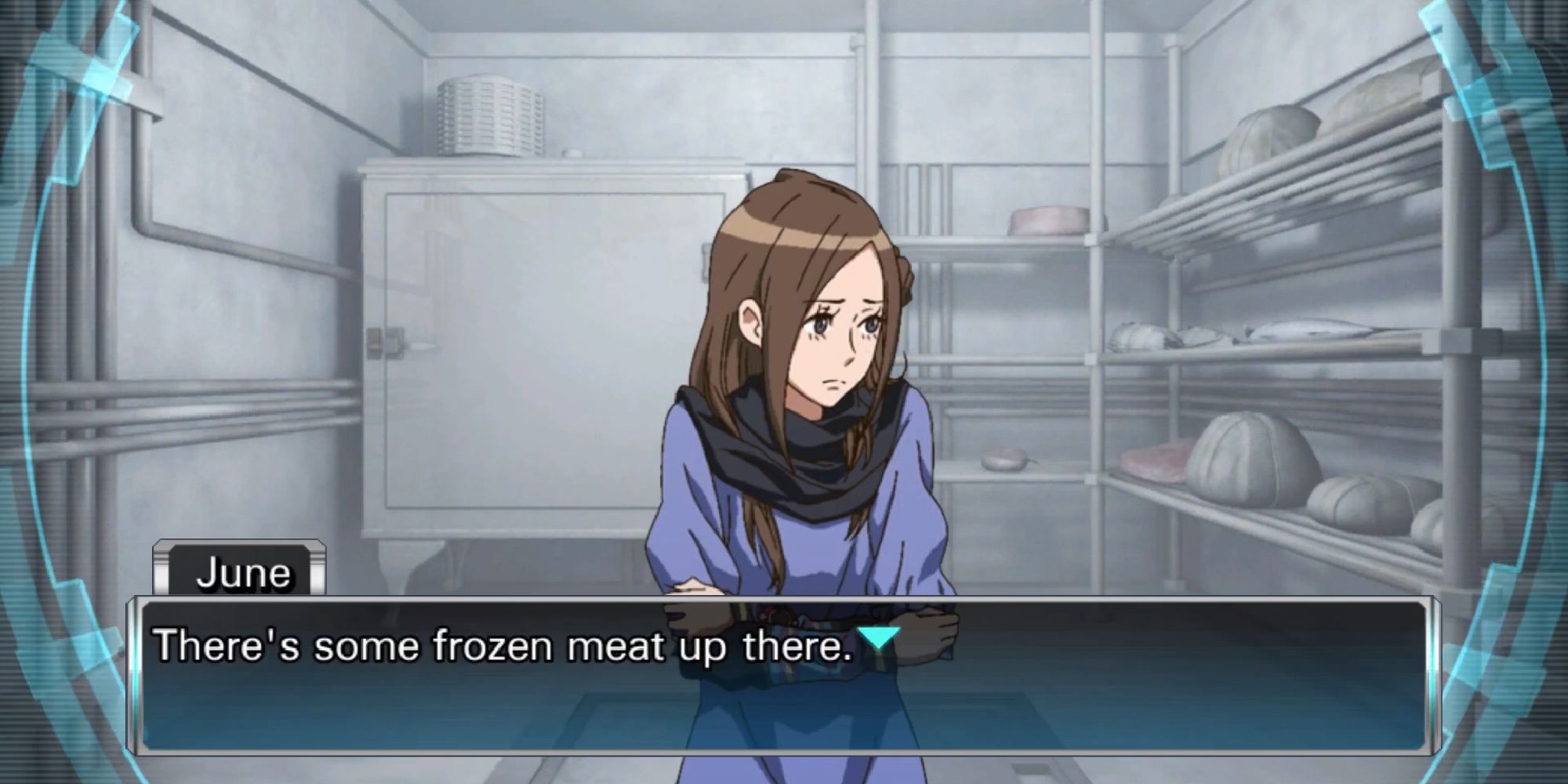 june telling junpei about frozen meat in freezer