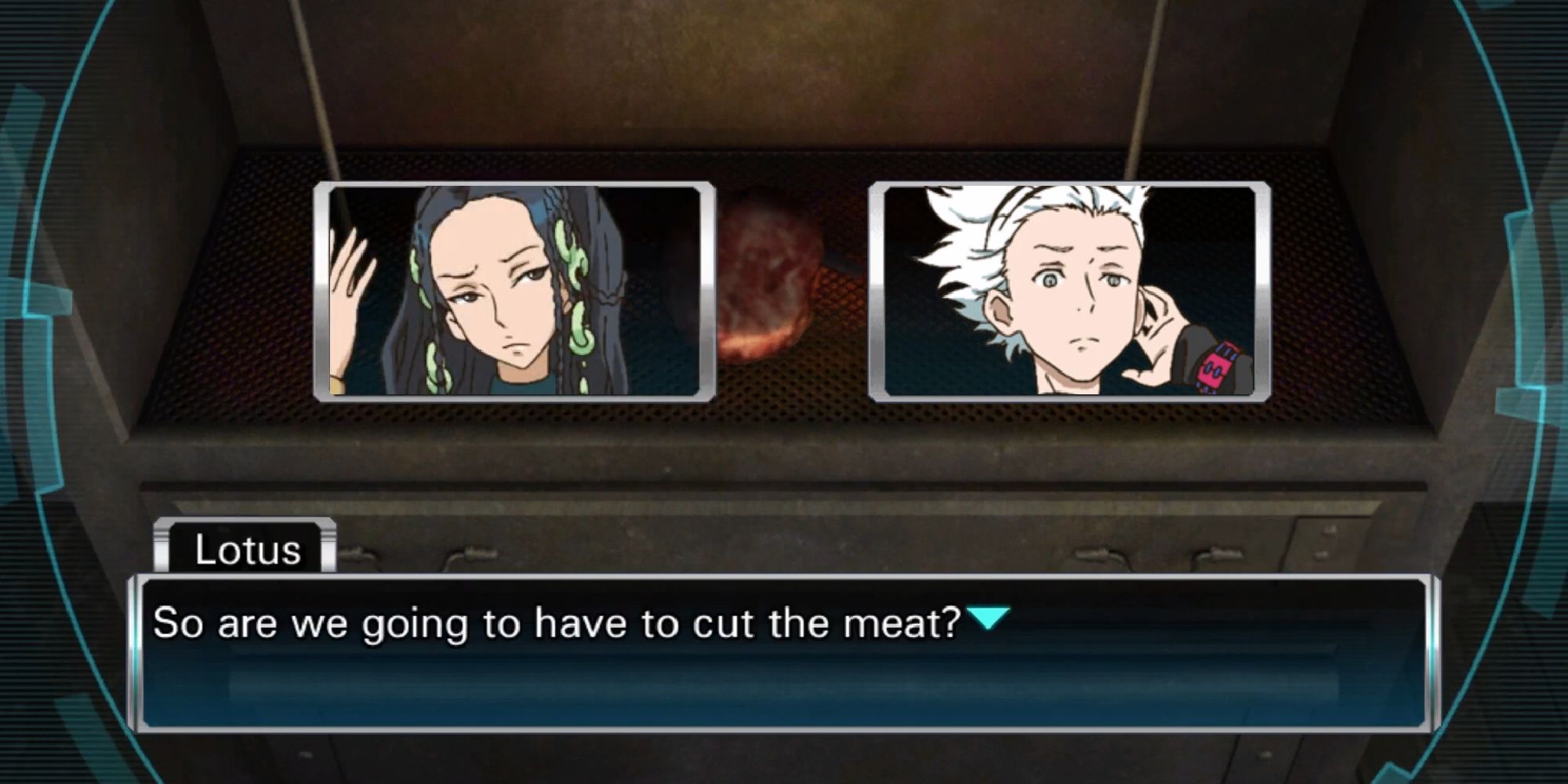 lotus and santa talking about cutting the meat that was cooked on the grill