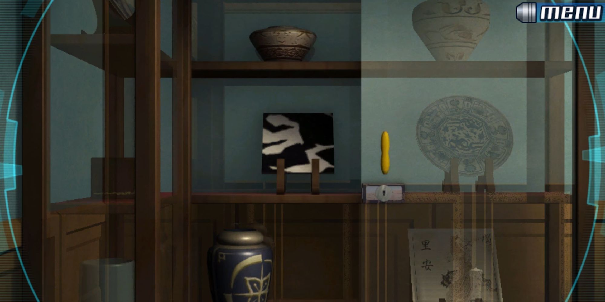 opened glass cabinet with tile on holder