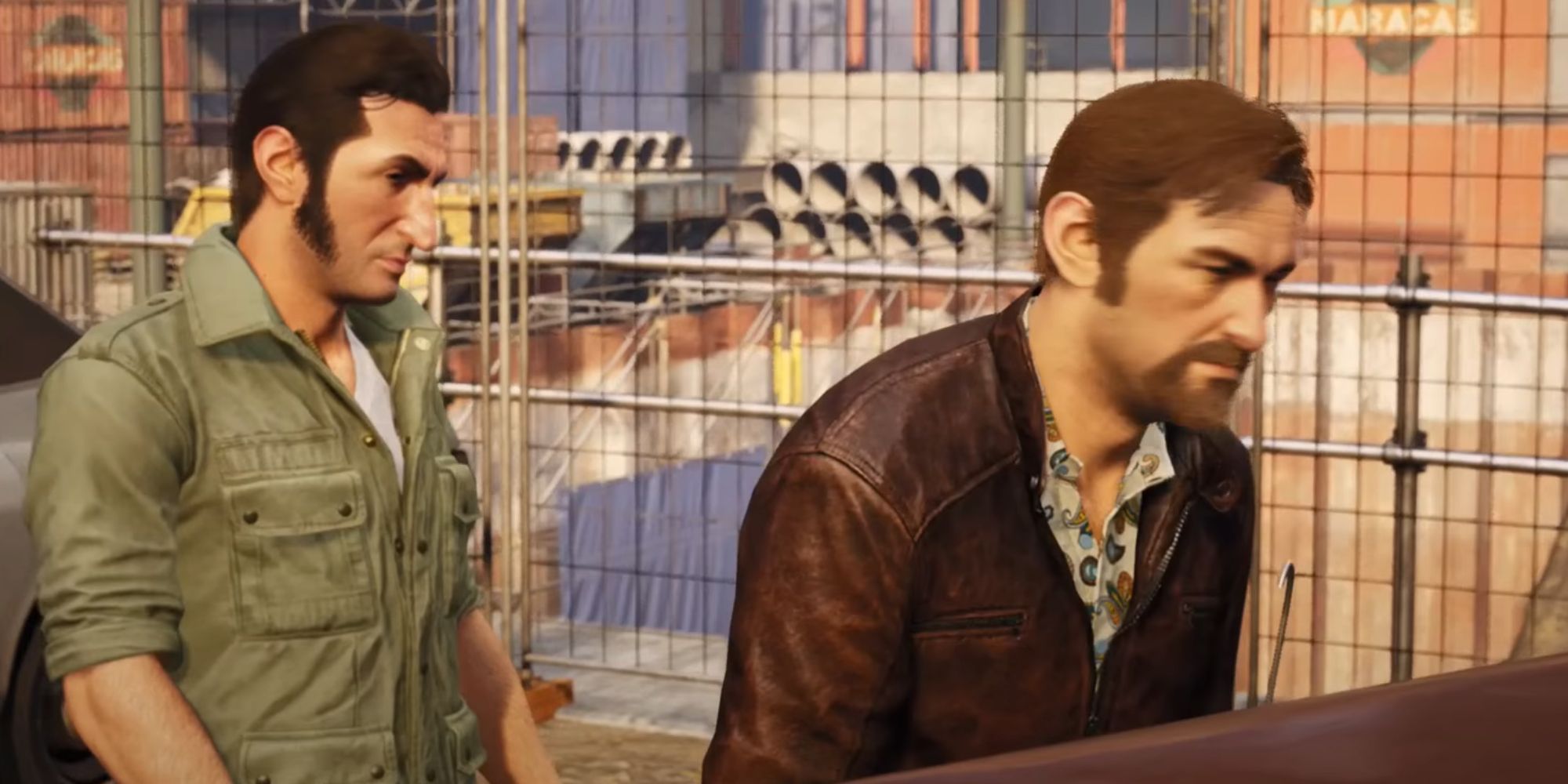 A Way Out Screenshot Of Vincent Opening Car Door with Leo beside him.