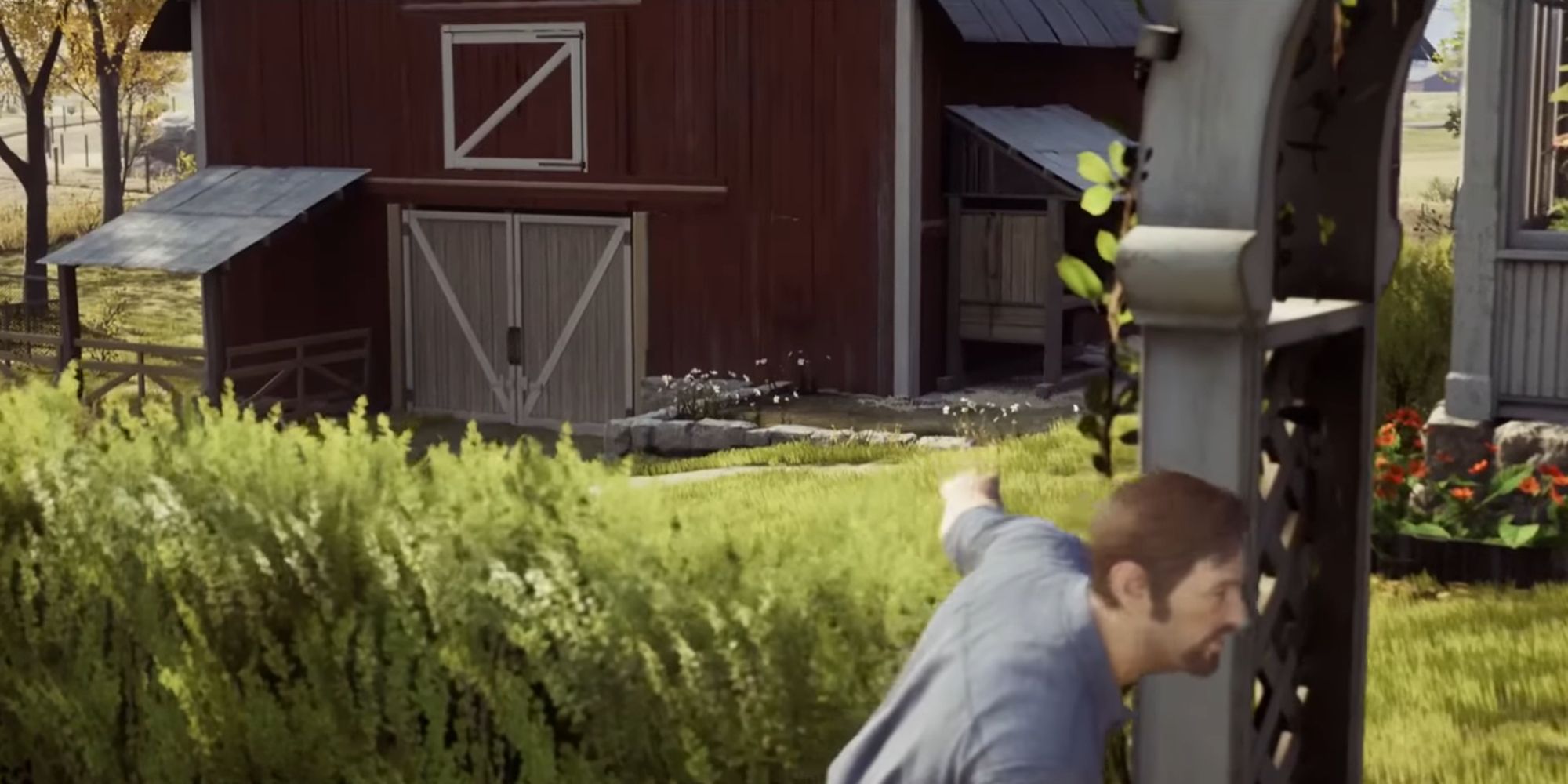A Way Out Screenshot Of Vincent Points At Barn