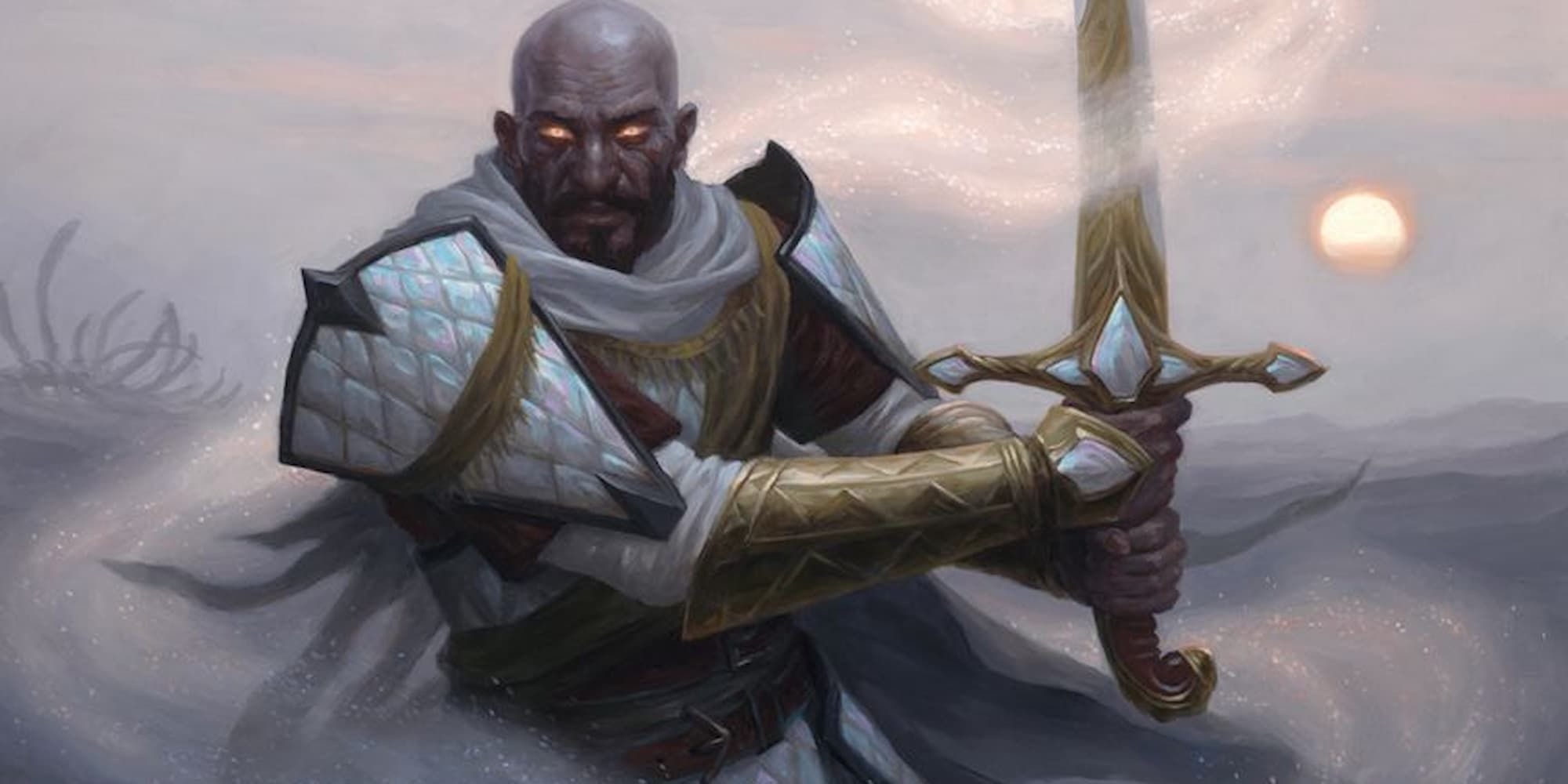 A heavily armored man with glowing yellow eyes brandishing a sword in a sea of mist