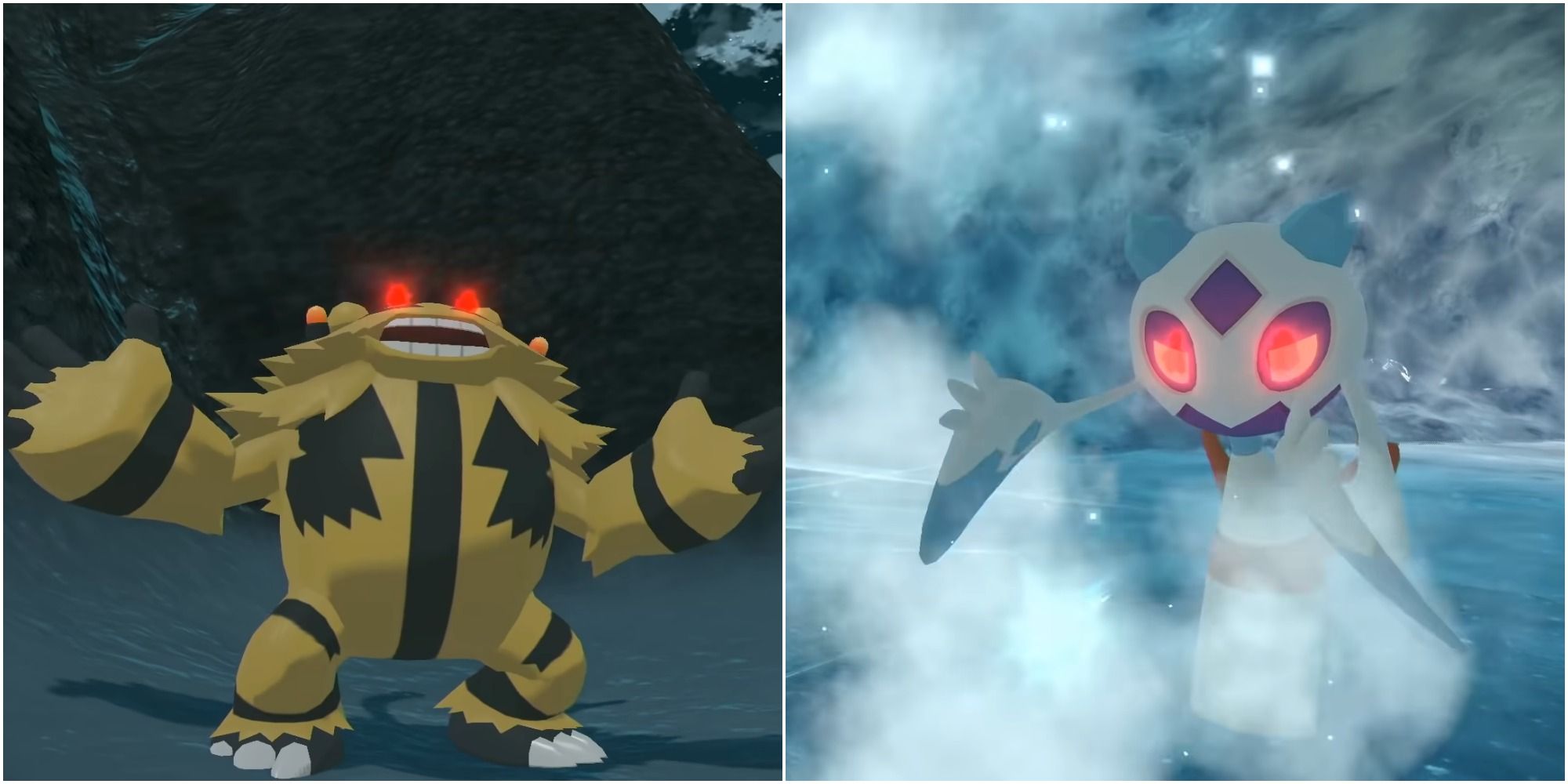 A split image of Alpha Electivire and Alpha Froslass in Pokemon Legends: Arceus.