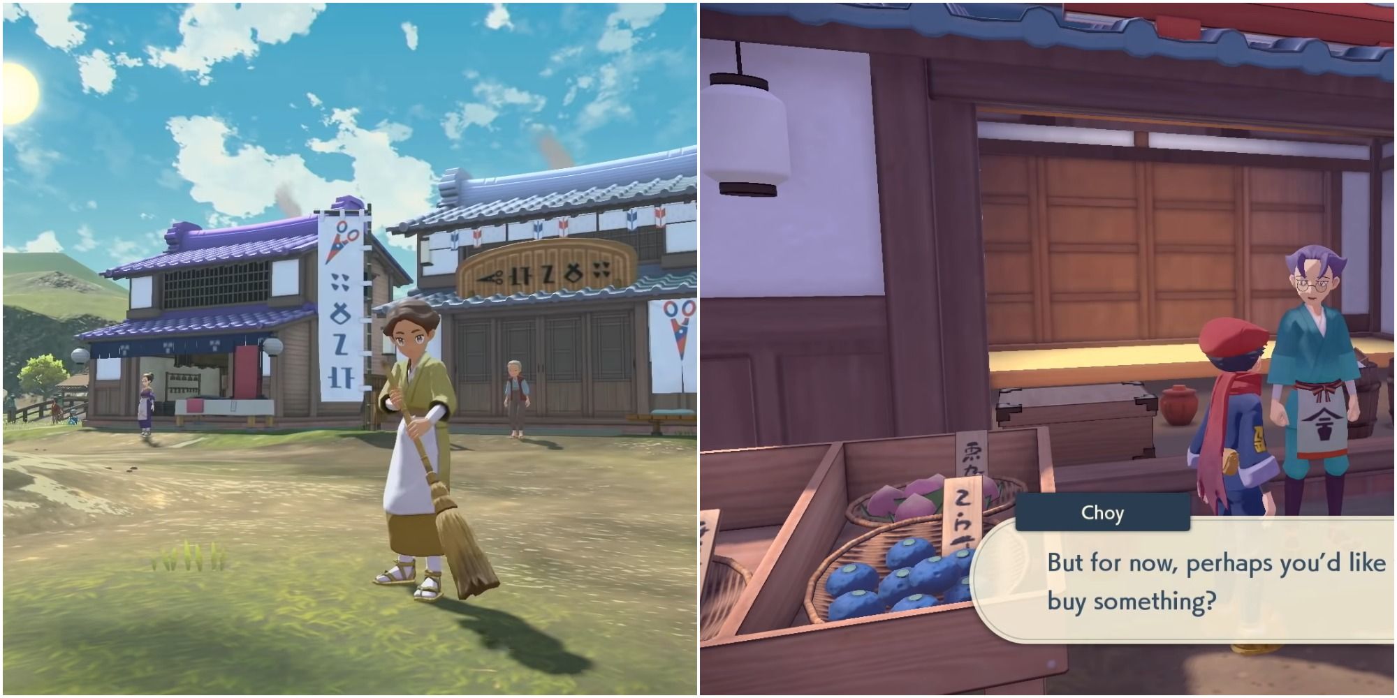 A split image of a woman sweeping with two stores behind her and the male playable character talking to Choy in Pokemon Legends: Arceus.