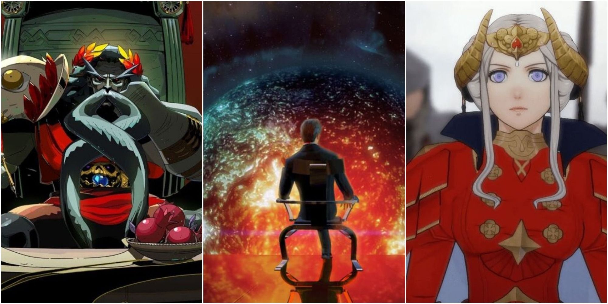 Lord Hades sitting in his chair, the Illusive man sitting in his chair, Edelgard wearing her emperor clothes in a cutscene, left to right
